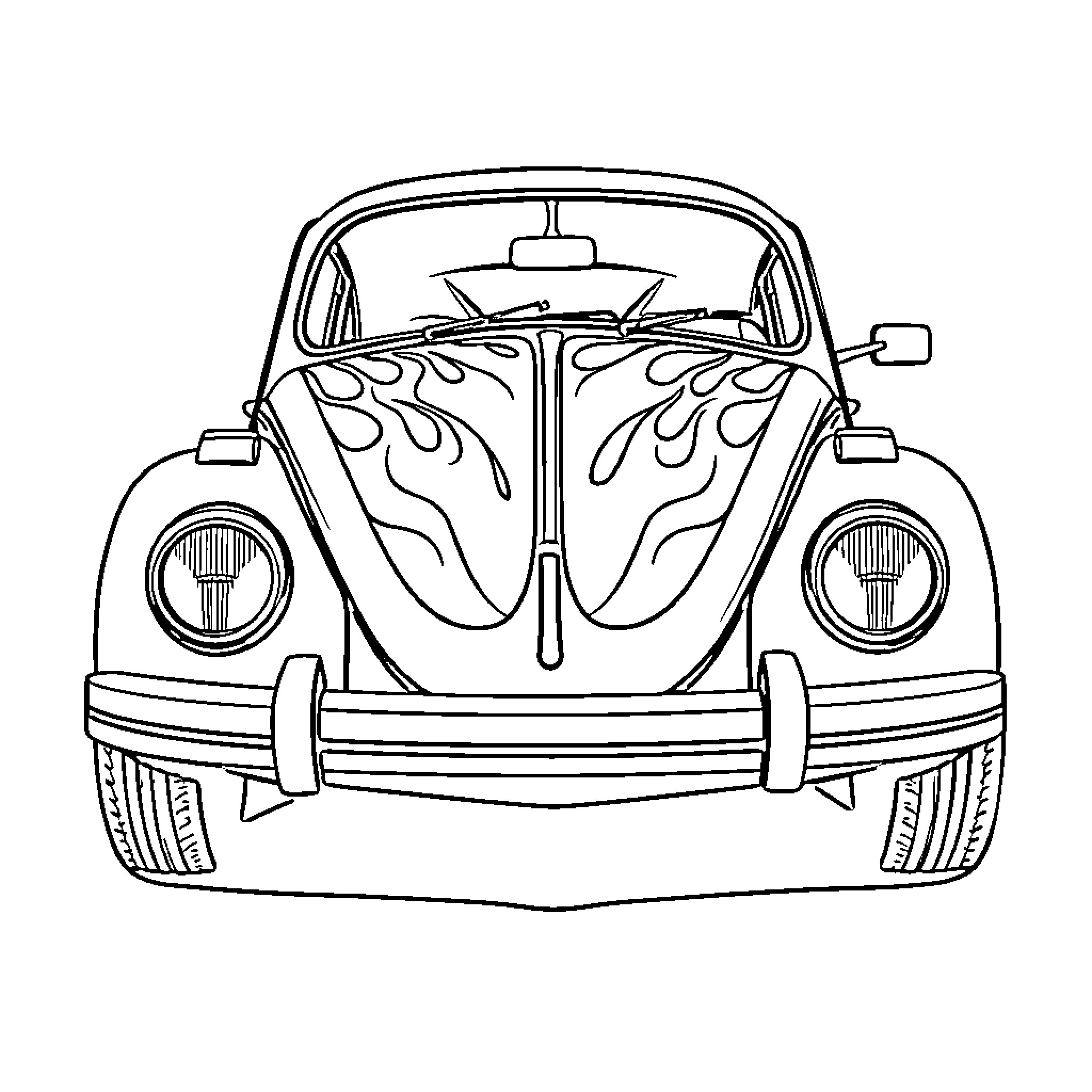 VW Beetle with Flames Coloring Page (free black-and-white line drawing printable PDF for all, from beginners to advanced learners, including children, teens, adults, and seniors)