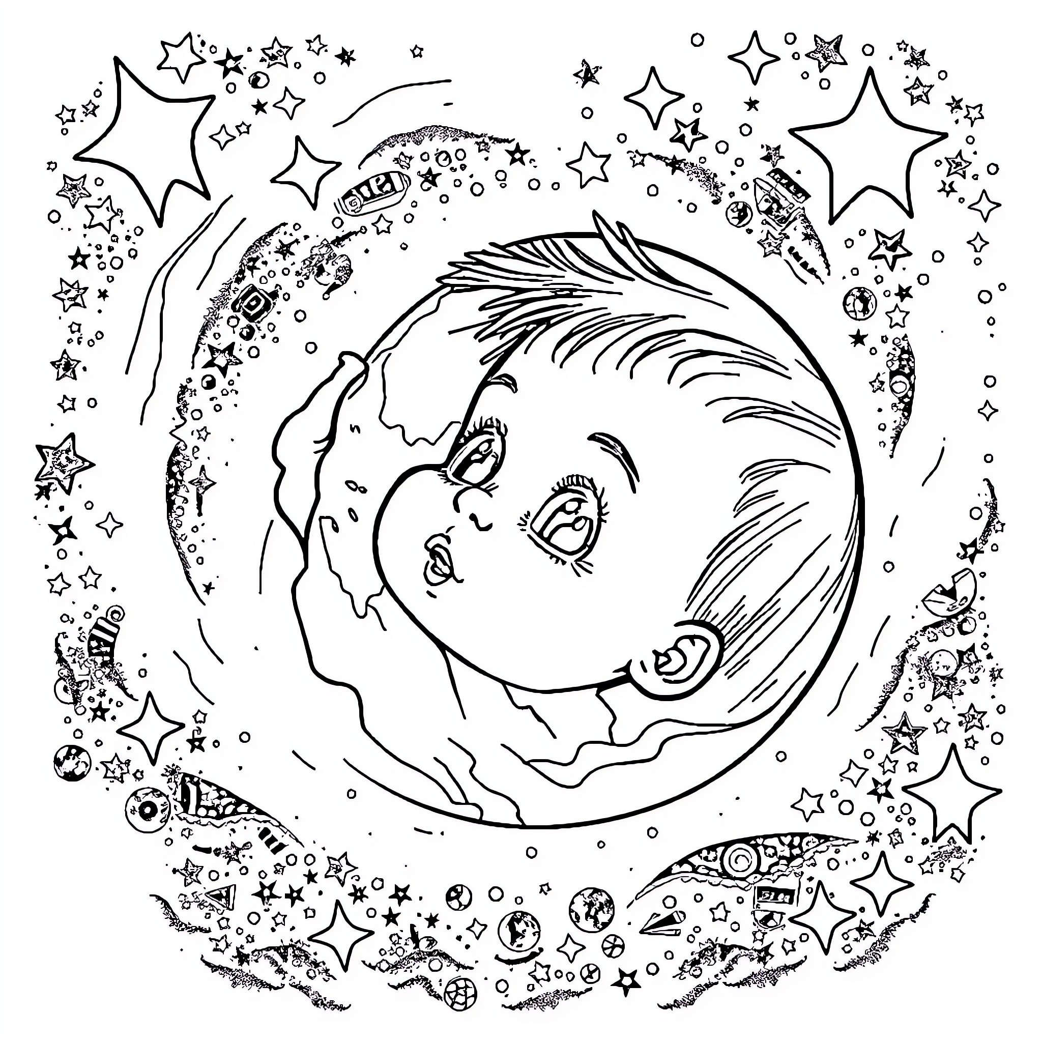 Baby's Enchanting Cosmic Adventure Coloring Page (free black-and-white line drawing printable PDF for all, from beginners to advanced learners, including children, teens, adults, and seniors)