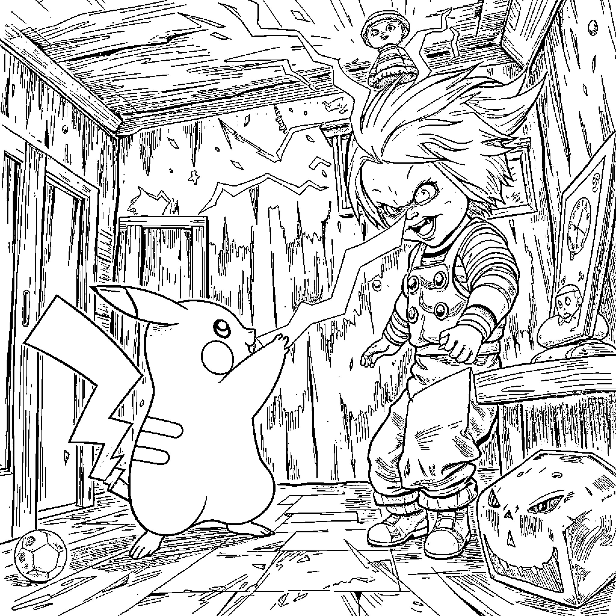 Pikachu and Friends in Whimsical Adventure Coloring Page (free black-and-white line drawing printable PDF for all, from beginners to advanced learners, including children, teens, adults, and seniors)