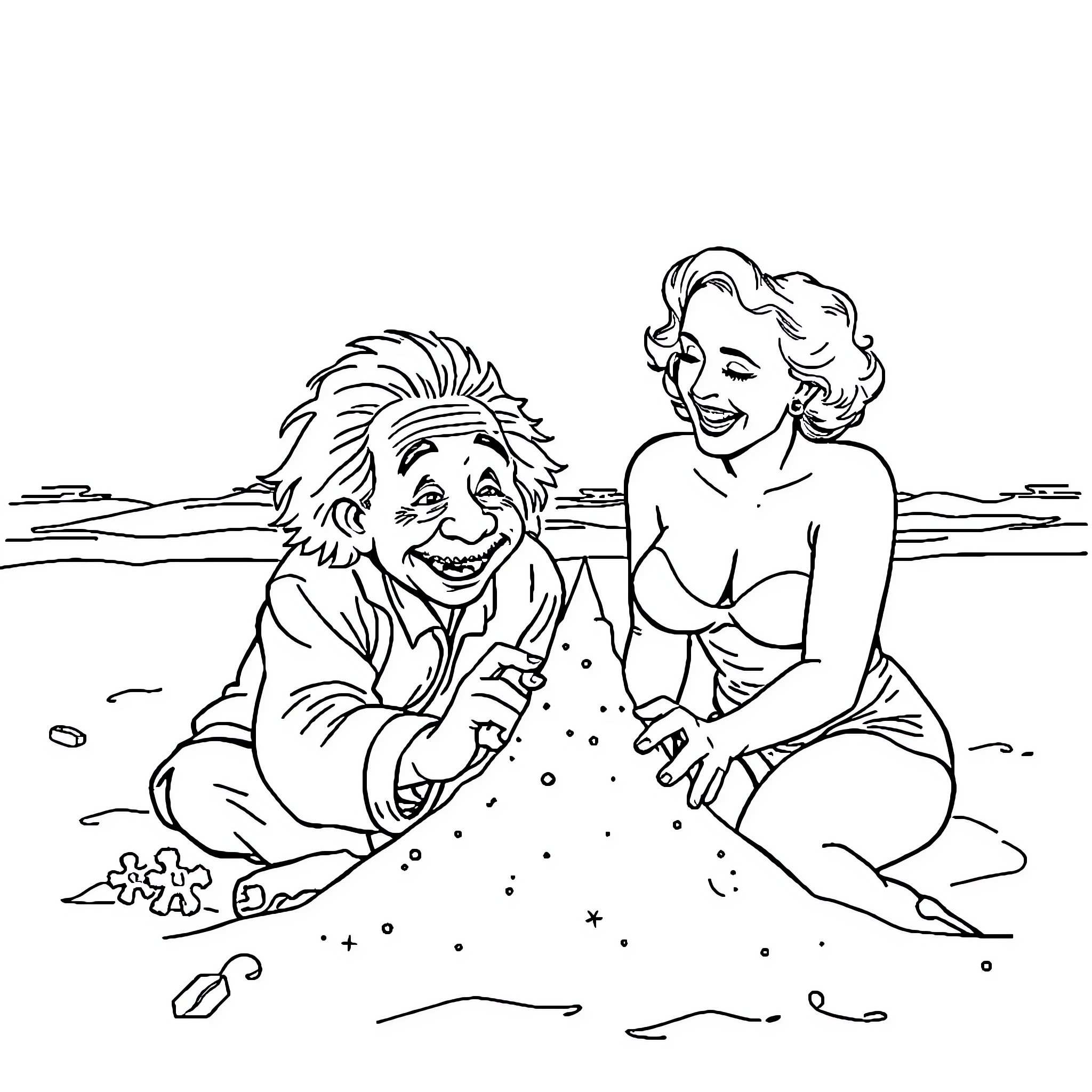 Einstein's Playful Beach Moment with Companion Coloring Page (free black-and-white line drawing printable PDF for all, from beginners to advanced learners, including children, teens, adults, and seniors)