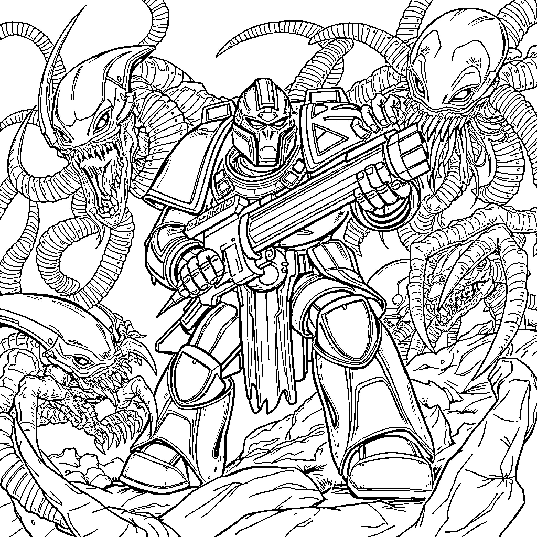 Salamander Warrior Battling Monstrous Foes Coloring Page (free black-and-white line drawing printable PDF for all, from beginners to advanced learners, including children, teens, adults, and seniors)