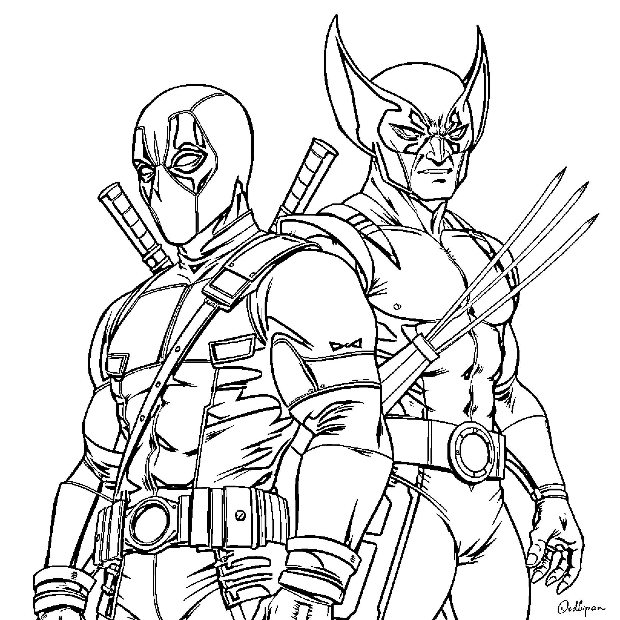 Marvel Character Action Figures in Battle Pose Coloring Page (free black-and-white line drawing printable PDF for all, from beginners to advanced learners, including children, teens, adults, and seniors)