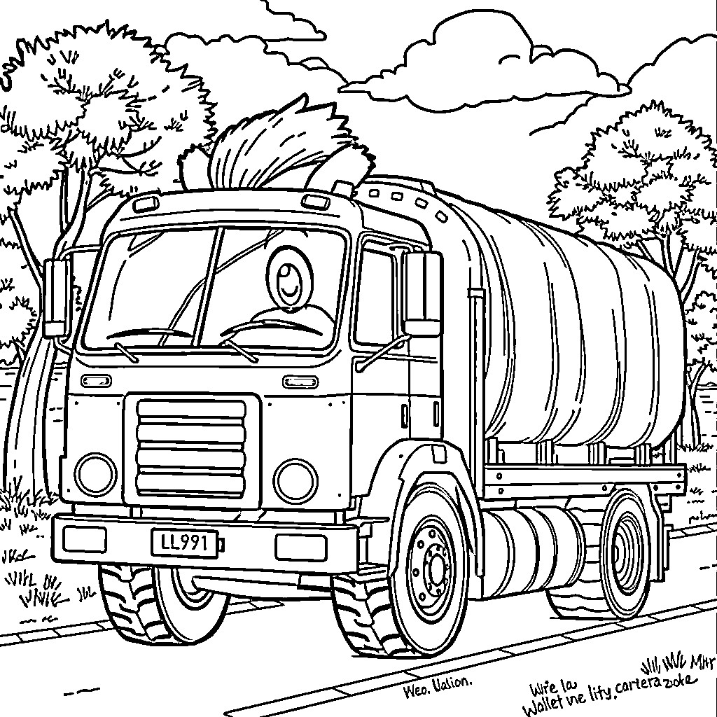 Leo's Adventure in the Truck on the Road Coloring Page (free black-and-white line drawing printable PDF for all, from beginners to advanced learners, including children, teens, adults, and seniors)