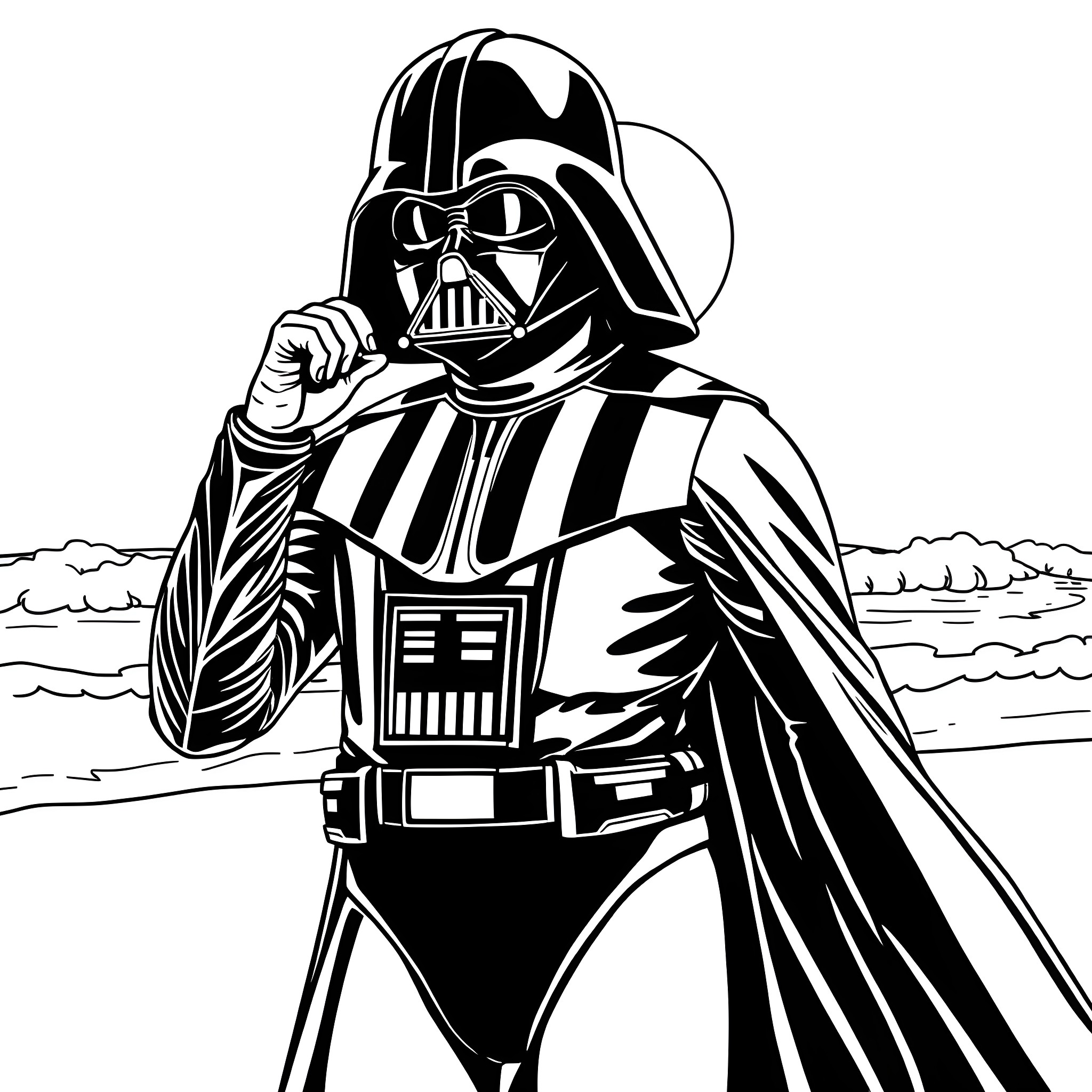 Darth Vader's Menacing Presence Coloring Page (free black-and-white line drawing printable PDF for all, from beginners to advanced learners, including children, teens, adults, and seniors)