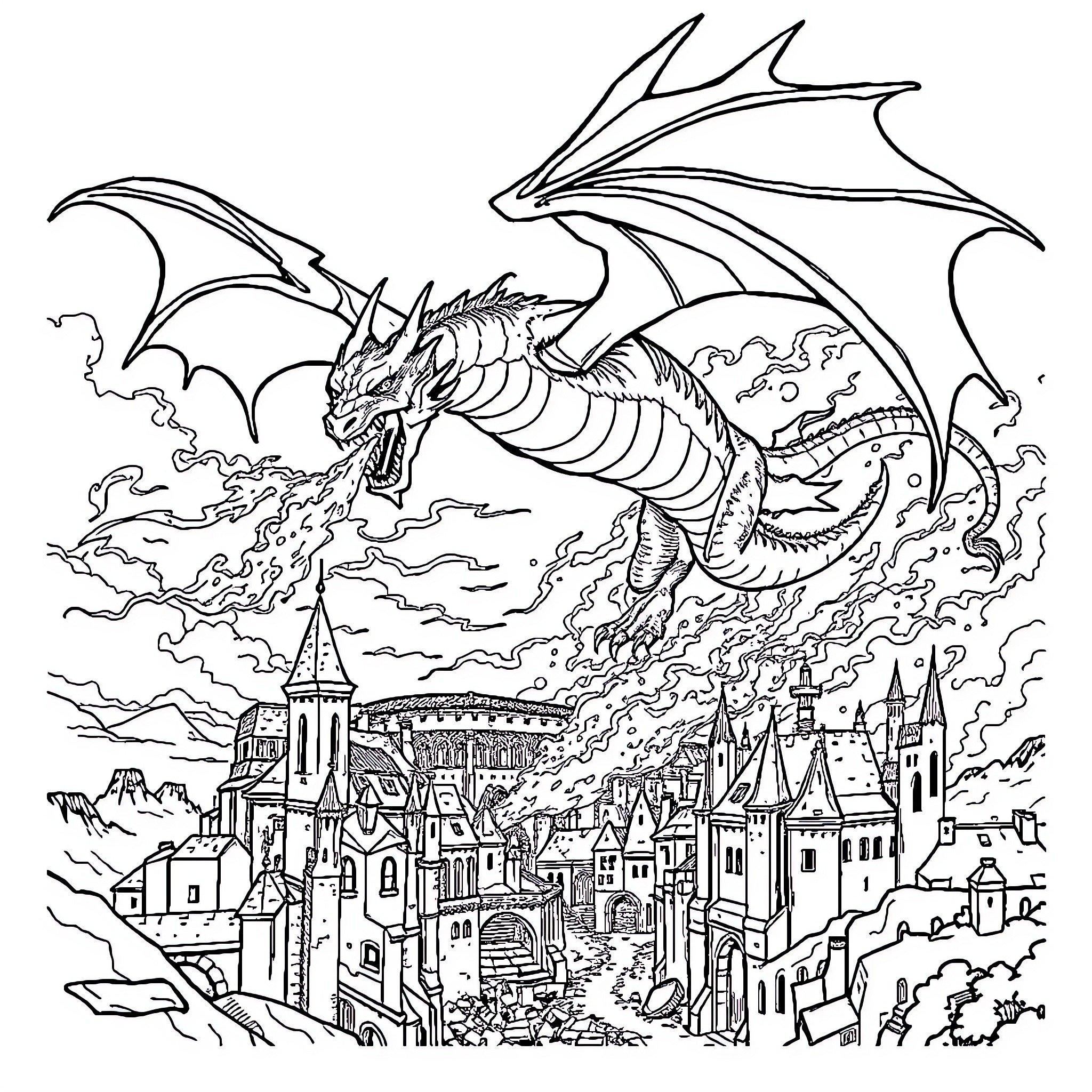 Dragon soaring over a fantasy medieval town Coloring Page (free black-and-white line drawing printable PDF for all, from beginners to advanced learners, including children, teens, adults, and seniors)
