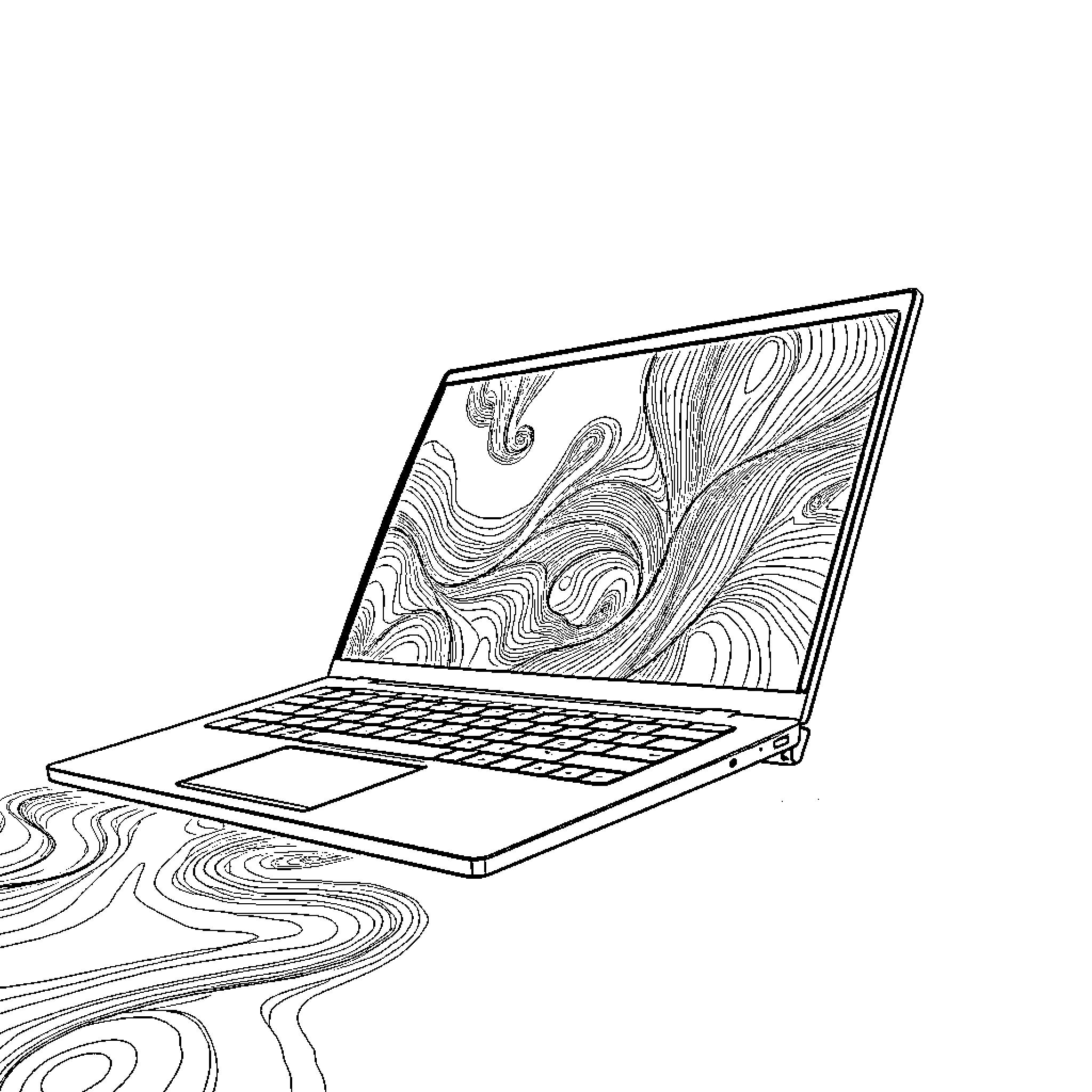 Lenovo Yoga laptop with abstract design Coloring Page (free black-and-white line drawing printable PDF for all, from beginners to advanced learners, including children, teens, adults, and seniors)