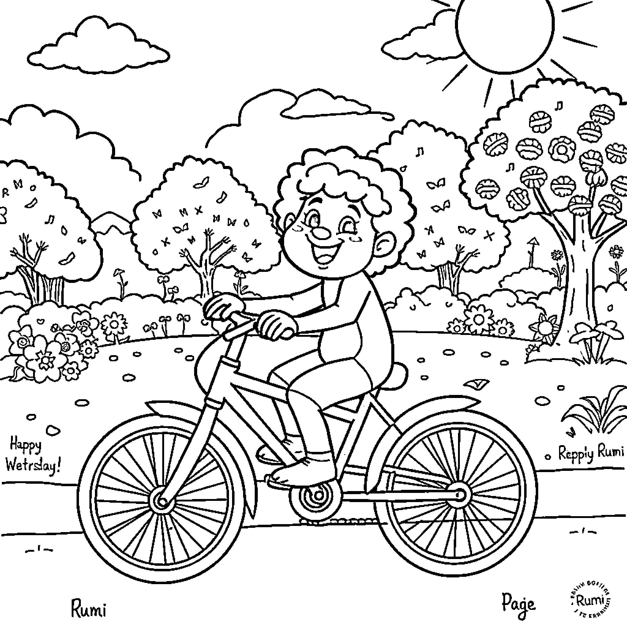 Rumi's Joyful Bicycle Ride through Nature's Bounty Coloring Page (free black-and-white line drawing printable PDF for all, from beginners to advanced learners, including children, teens, adults, and seniors)