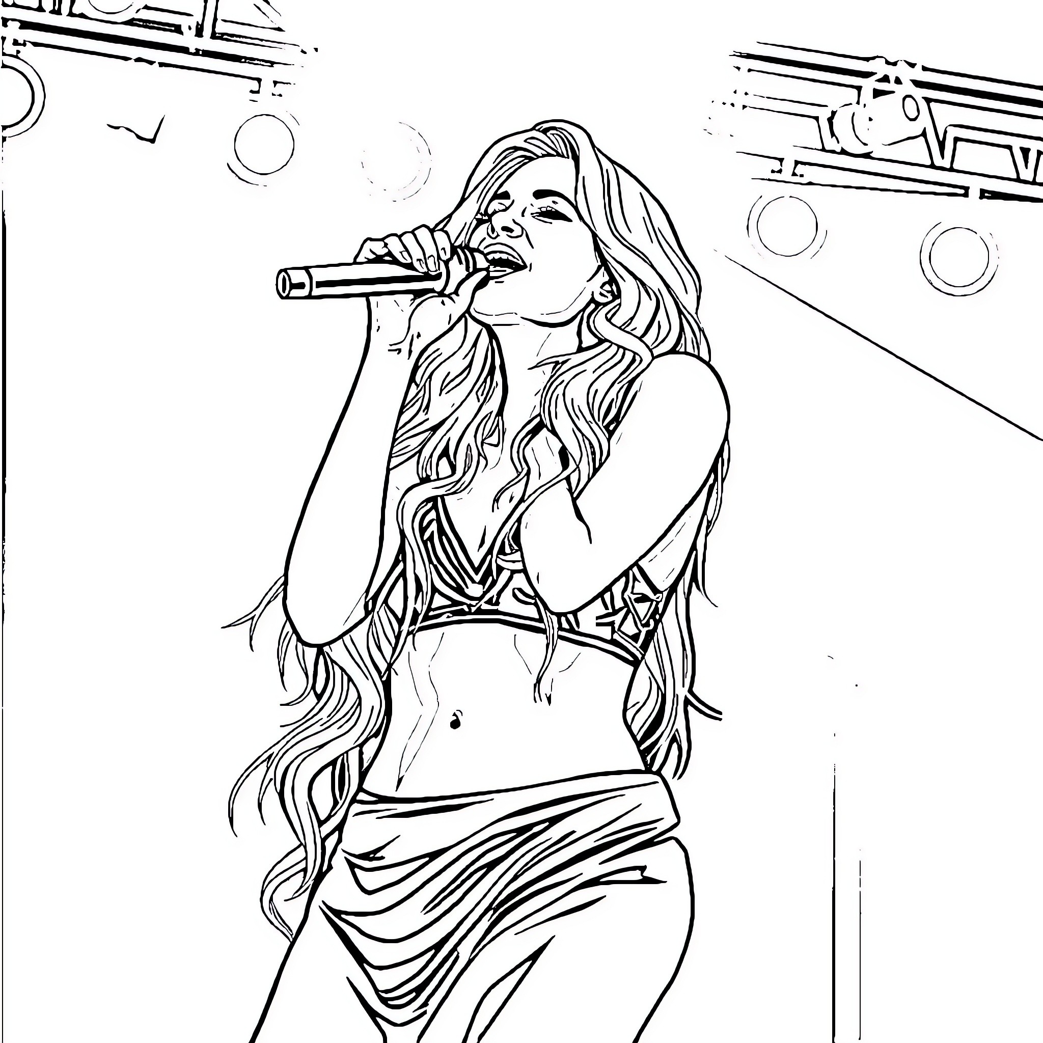 Shakira performing on stage with microphone Coloring Page (free black-and-white line drawing printable PDF for all, from beginners to advanced learners, including children, teens, adults, and seniors)