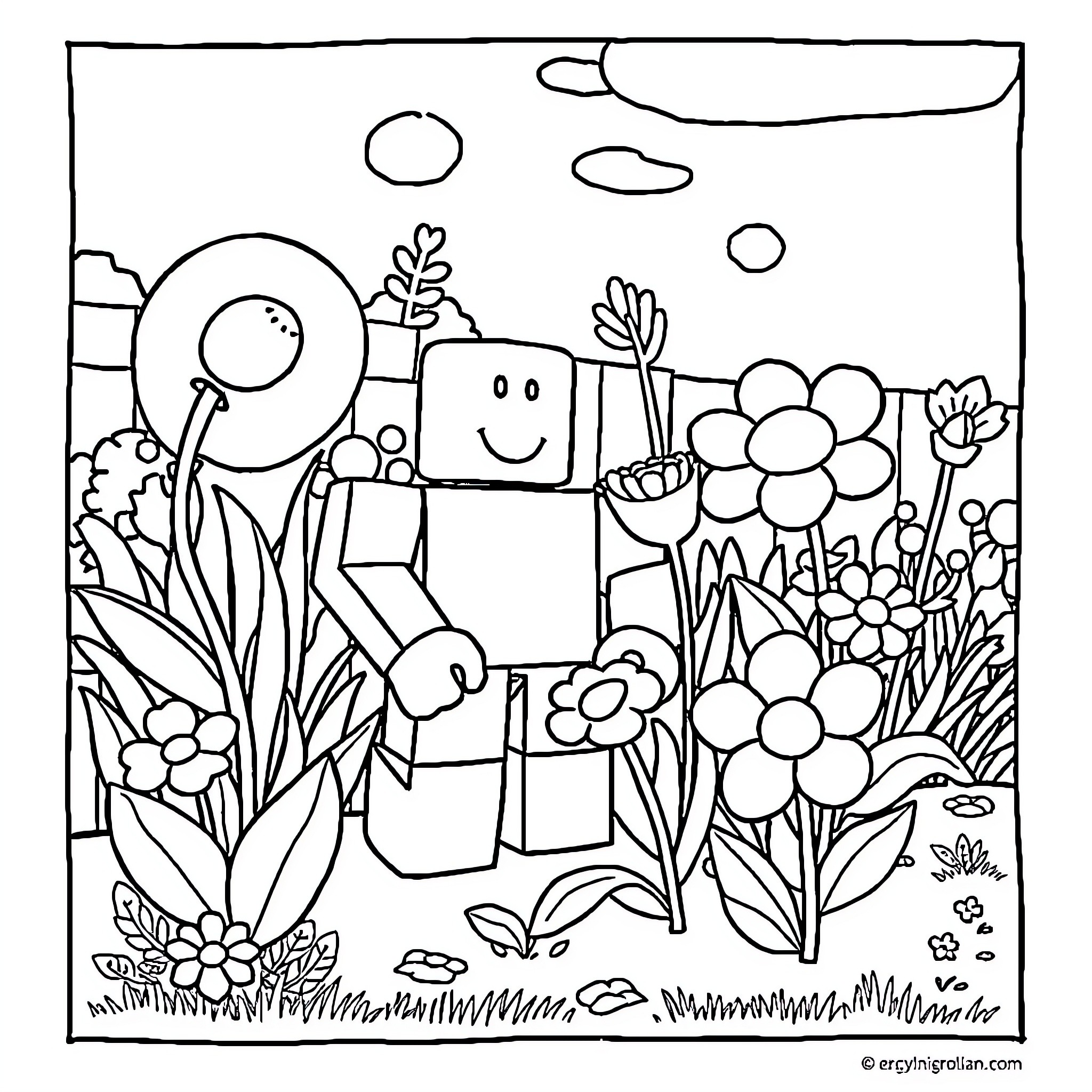 Roblox character exploring a whimsical floral garden Coloring Page (free black-and-white line drawing printable PDF for all, from beginners to advanced learners, including children, teens, adults, and seniors)