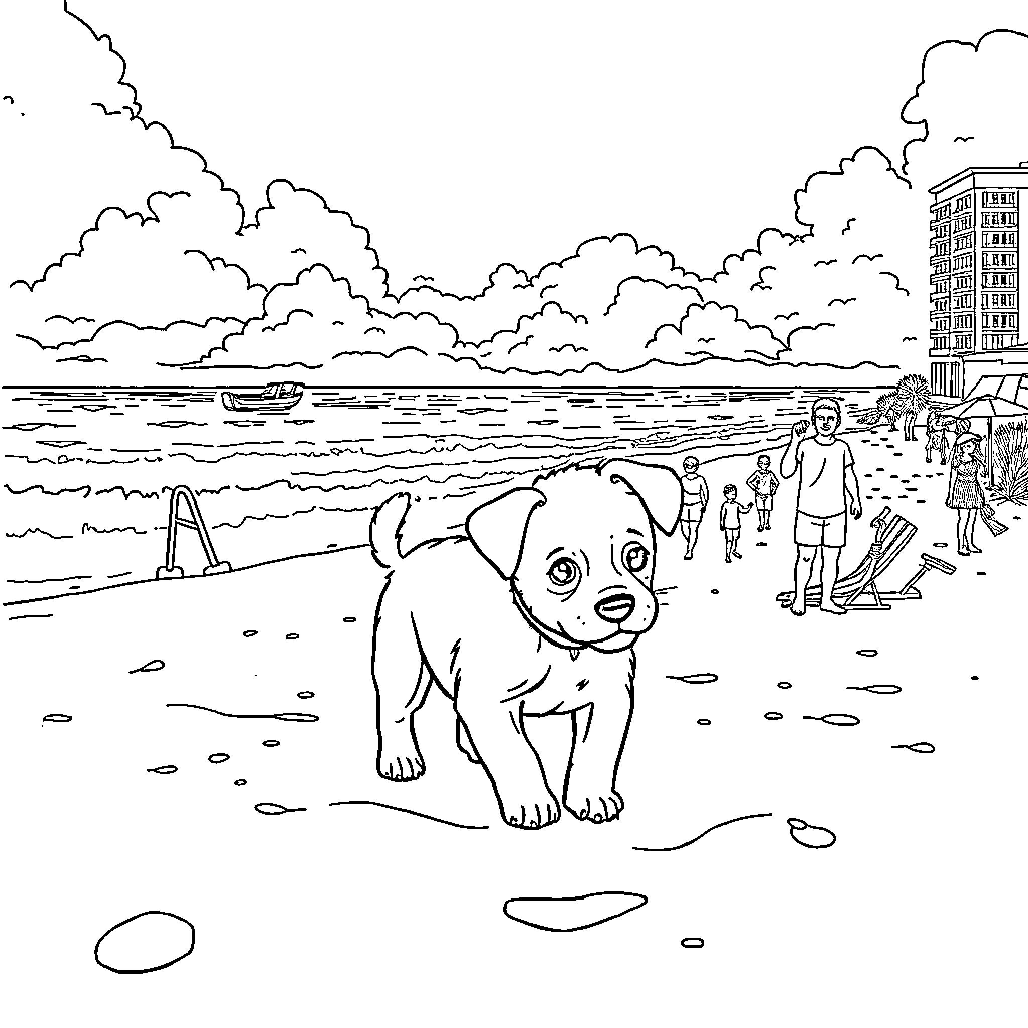 Puppy exploring the lively beach scene Coloring Page (free black-and-white line drawing printable PDF for all, from beginners to advanced learners, including children, teens, adults, and seniors)