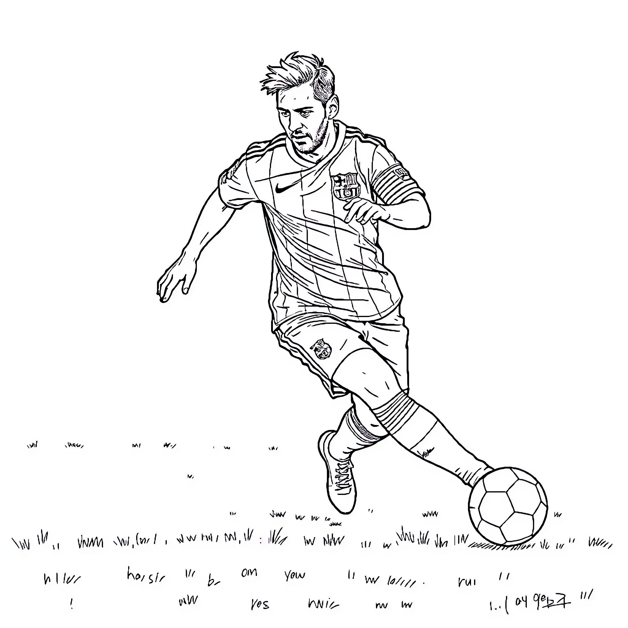 Messi dribbling with determination on the field Coloring Page (free black-and-white line drawing printable PDF for all, from beginners to advanced learners, including children, teens, adults, and seniors)
