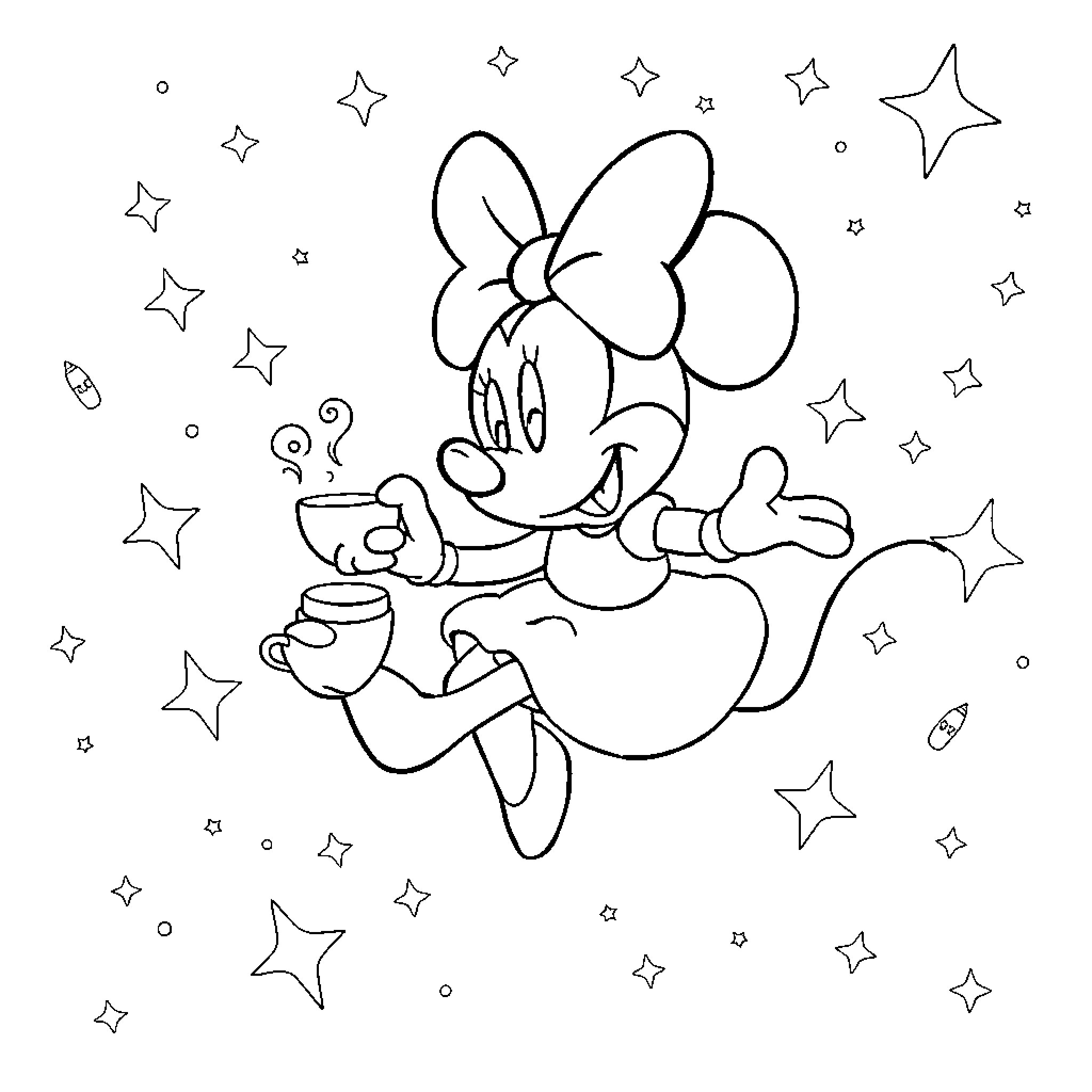 Minnie Mouse enjoying starry night Coloring Page (free black-and-white line drawing printable PDF for all, from beginners to advanced learners, including children, teens, adults, and seniors)