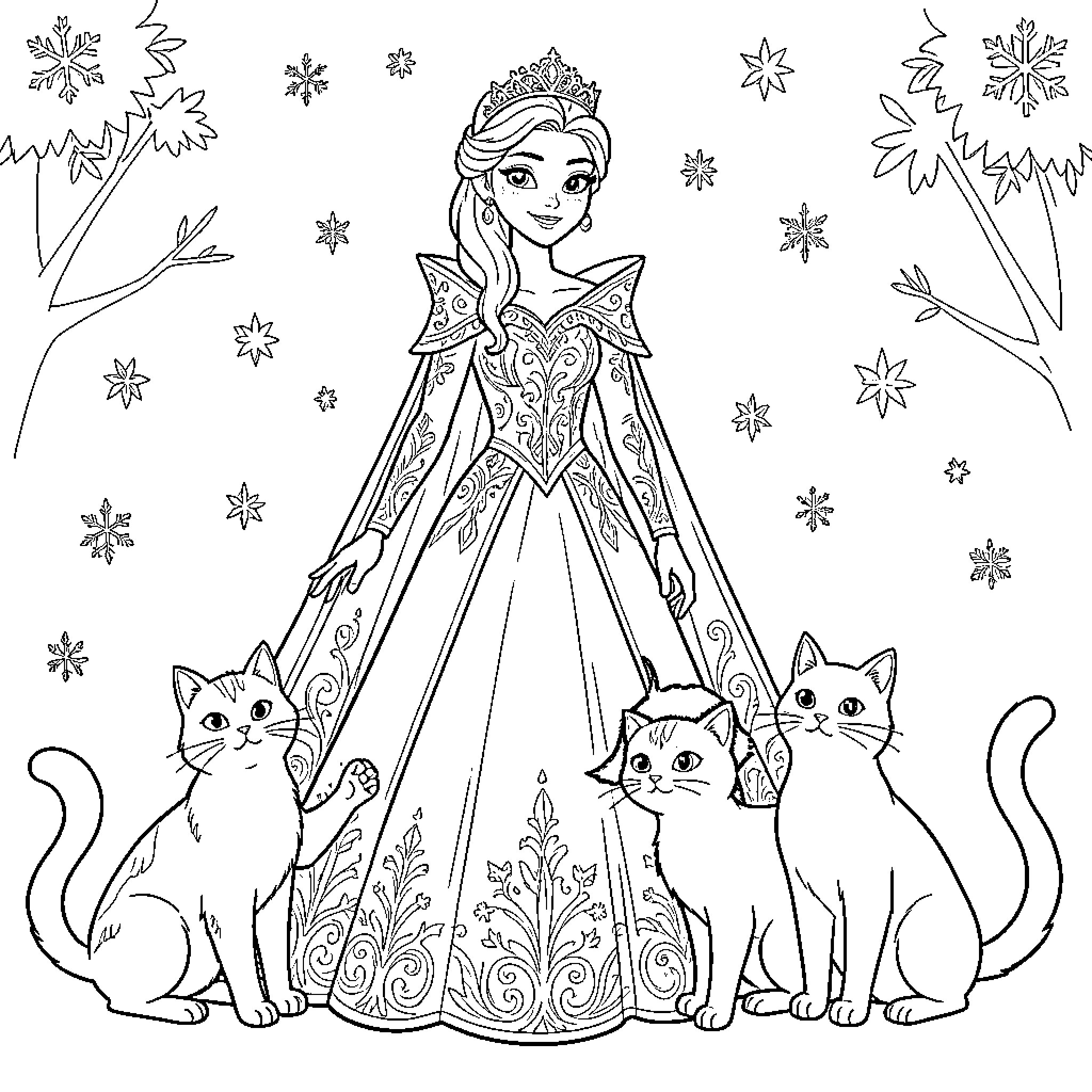 Queen wearing a crown standing with her cats Coloring Page (free black-and-white line drawing printable PDF for all, from beginners to advanced learners, including children, teens, adults, and seniors)