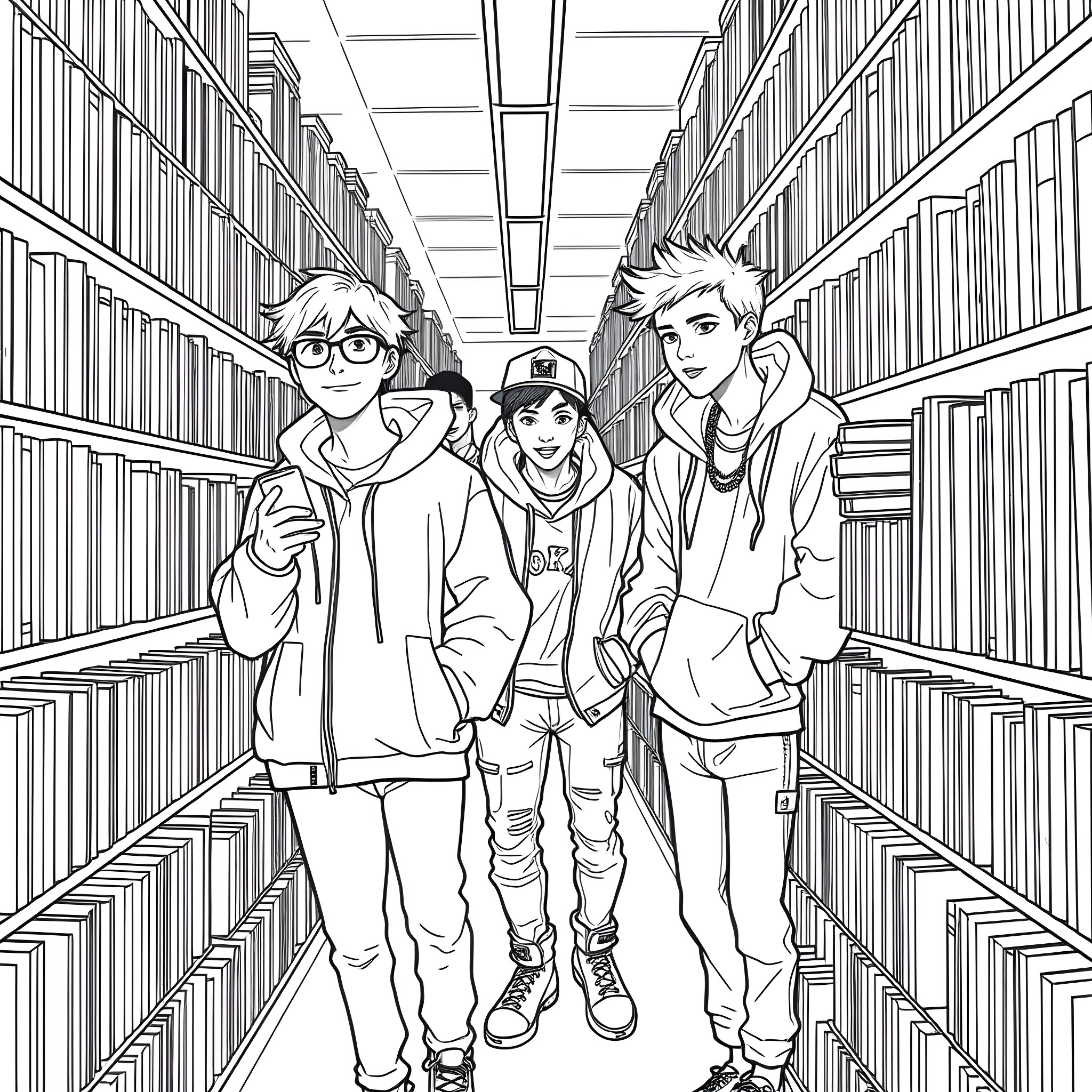 Teen Guys Exploring the Library Shelves Coloring Page (free black-and-white line drawing printable PDF for all, from beginners to advanced learners, including children, teens, adults, and seniors)