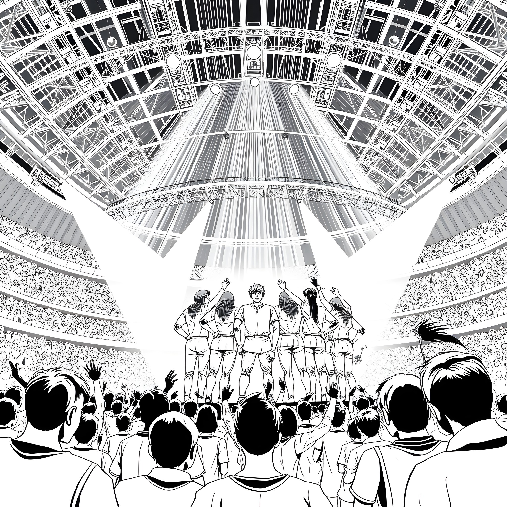 ZEROBASEONE Dramatic Stage Performance in Stadium Coloring Page (free black-and-white line drawing printable PDF for all, from beginners to advanced learners, including children, teens, adults, and seniors)