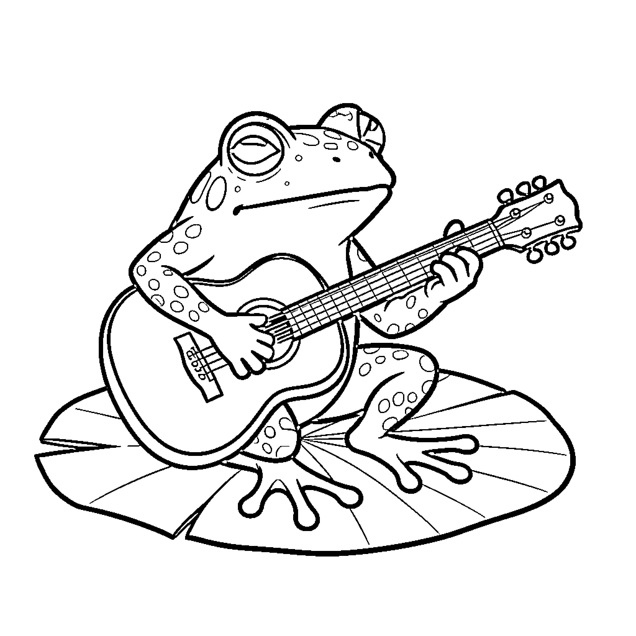 Frog playing the guitar while sitting on a leaf Coloring Page (free black-and-white line drawing printable PDF for all, from beginners to advanced learners, including children, teens, adults, and seniors)