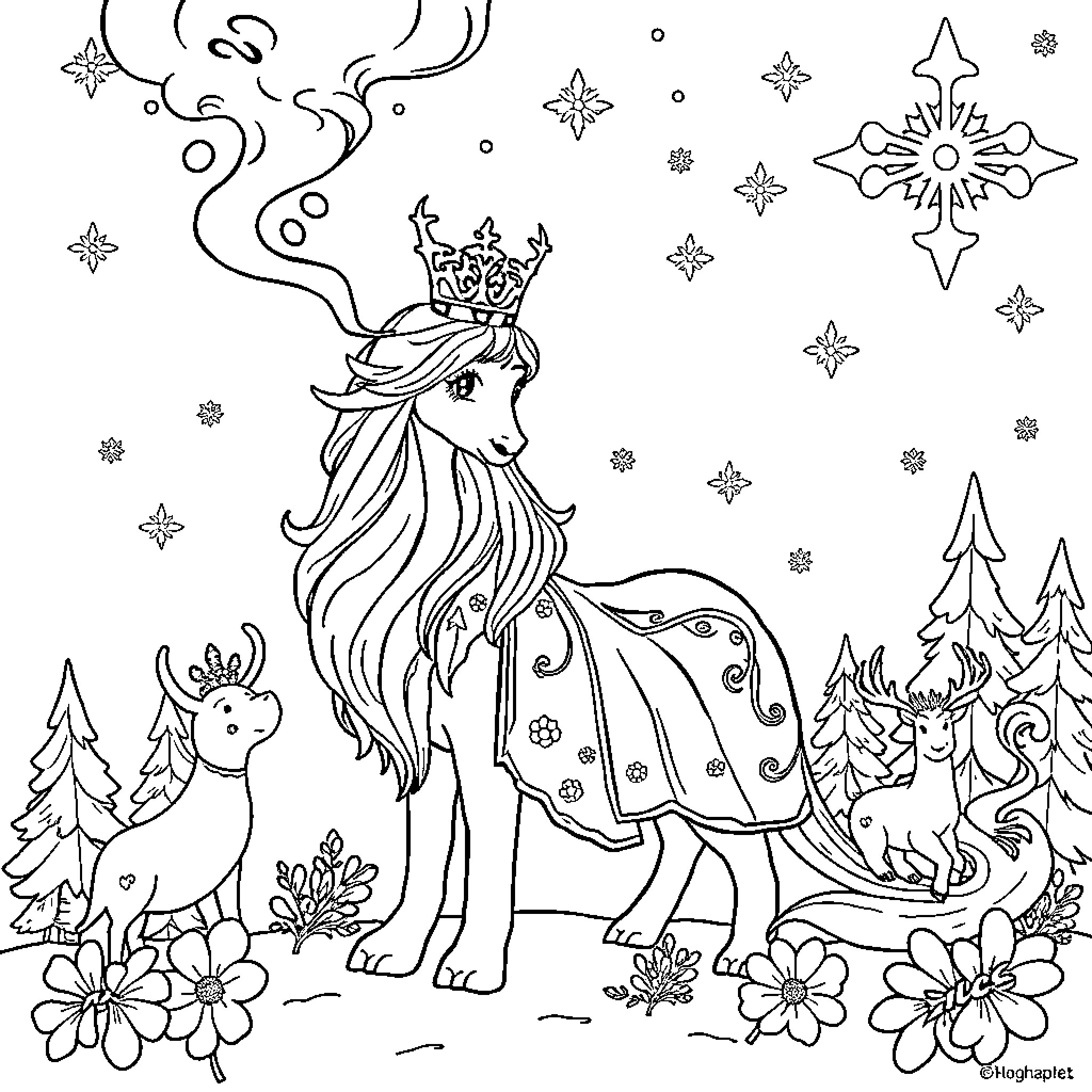 Snow Queen in a Whimsical Winter Wonderland Coloring Page (free black-and-white line drawing printable PDF for all, from beginners to advanced learners, including children, teens, adults, and seniors)