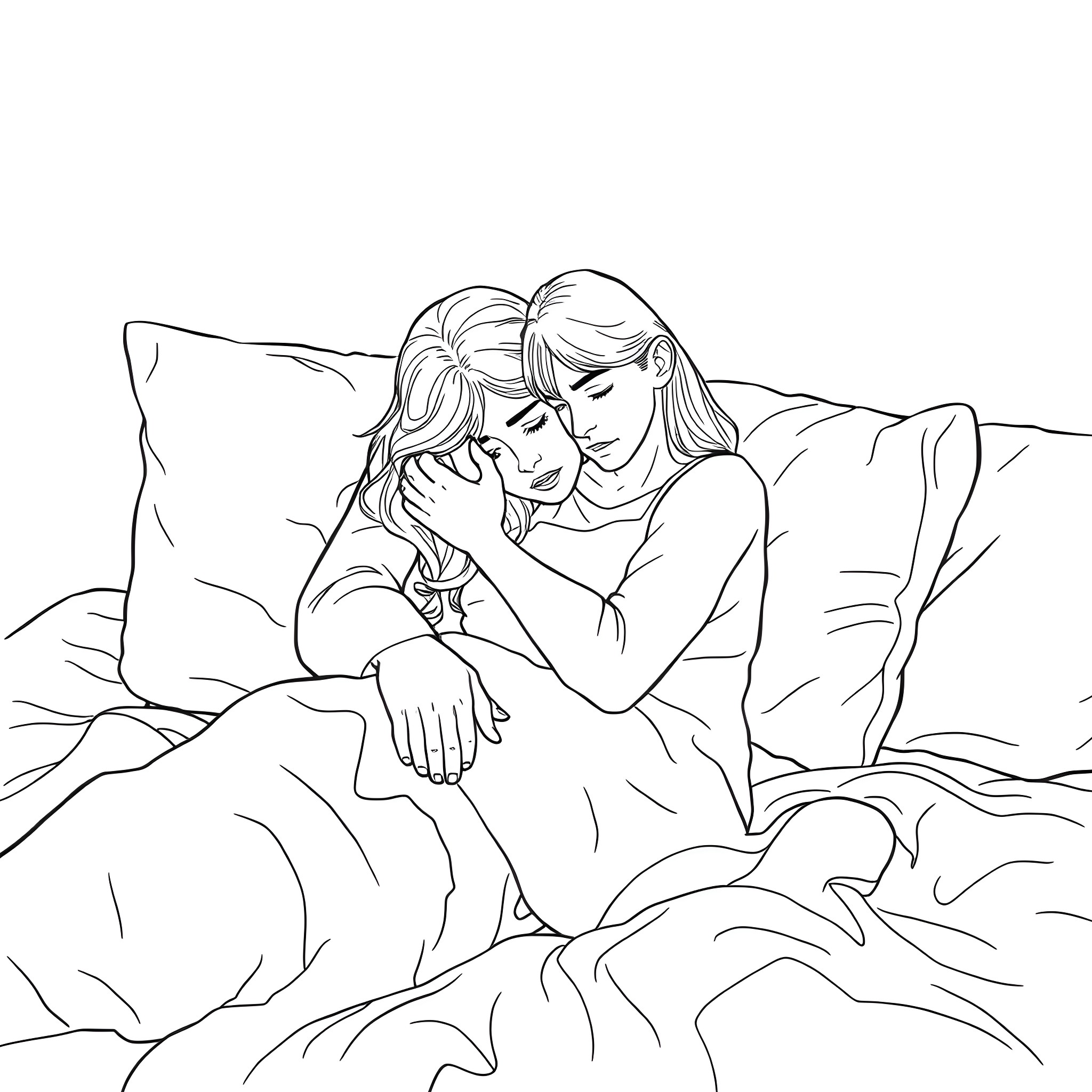 Man embracing woman on bed Coloring Page (free black-and-white line drawing printable PDF for all, from beginners to advanced learners, including children, teens, adults, and seniors)