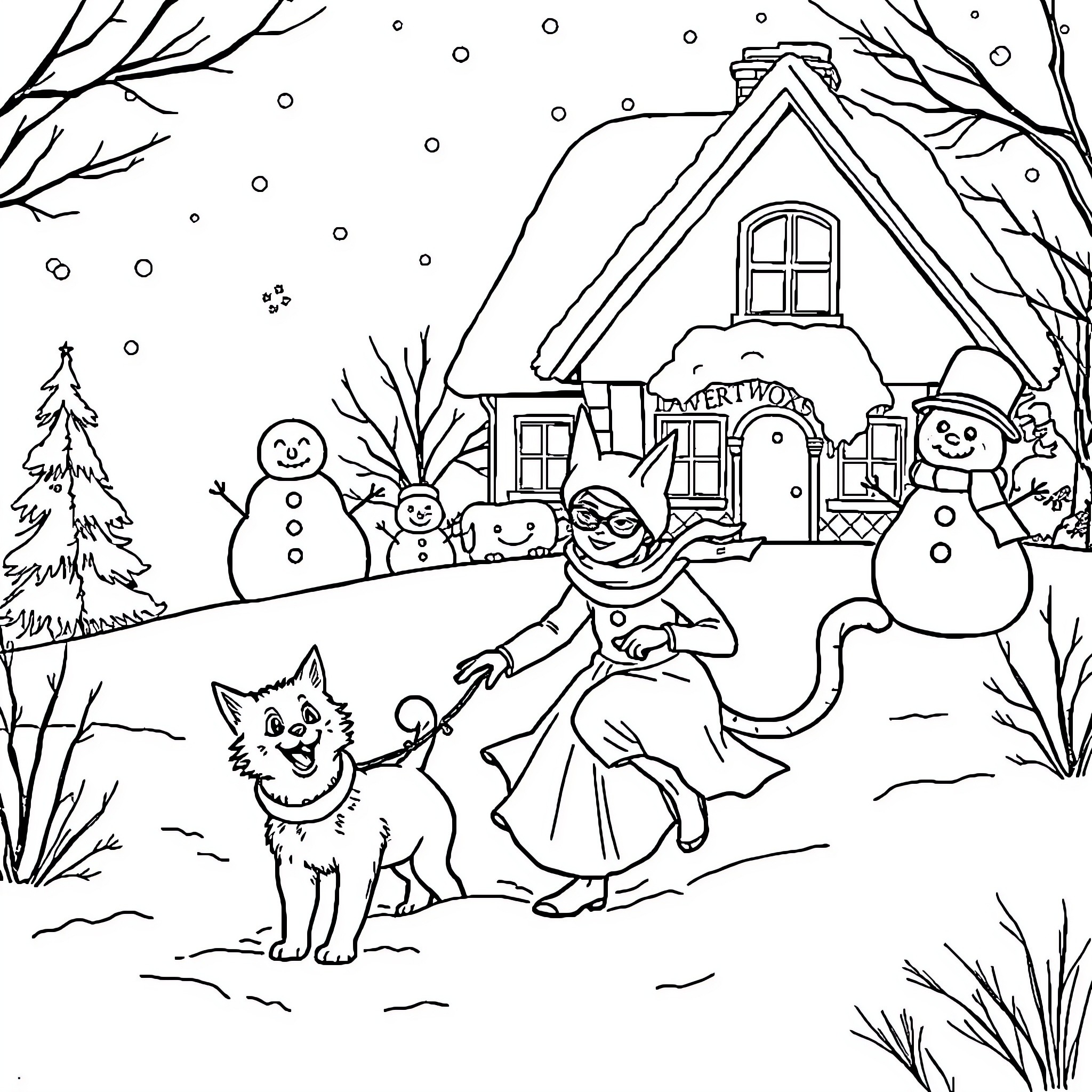 Catwoman's Snowy Winter Adventure Coloring Page (free black-and-white line drawing printable PDF for all, from beginners to advanced learners, including children, teens, adults, and seniors)