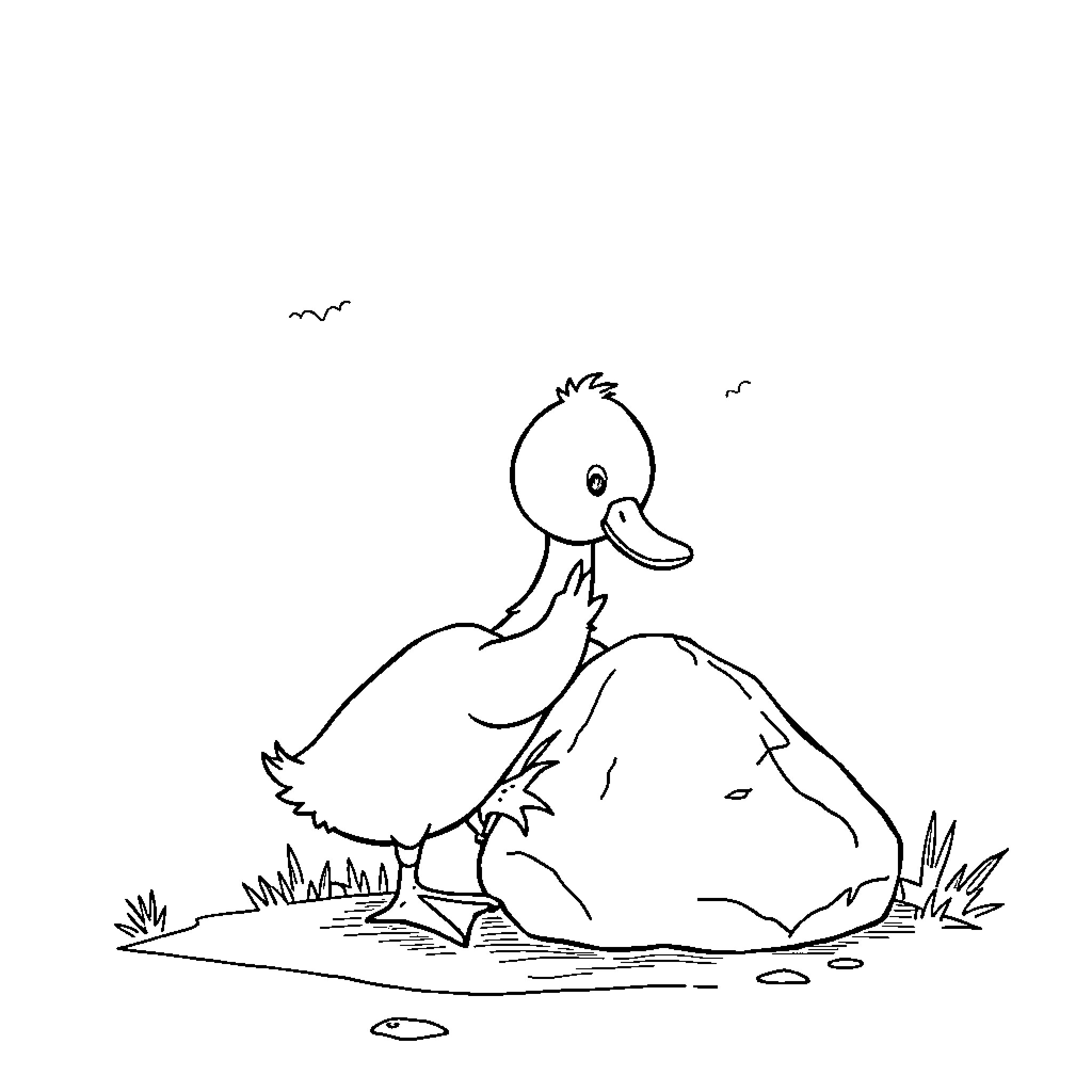 Duck waddling through a grassy field Coloring Page (free black-and-white line drawing printable PDF for all, from beginners to advanced learners, including children, teens, adults, and seniors)