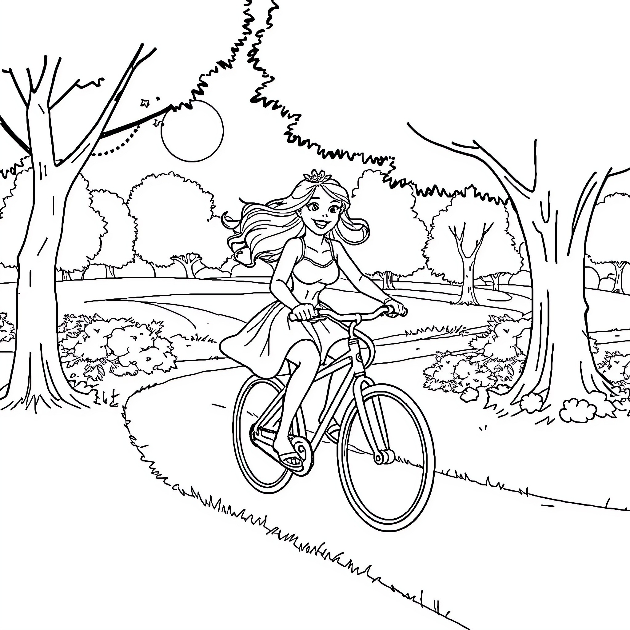 Princess Bicycling Joyfully in Nature Coloring Page (free black-and-white line drawing printable PDF for all, from beginners to advanced learners, including children, teens, adults, and seniors)