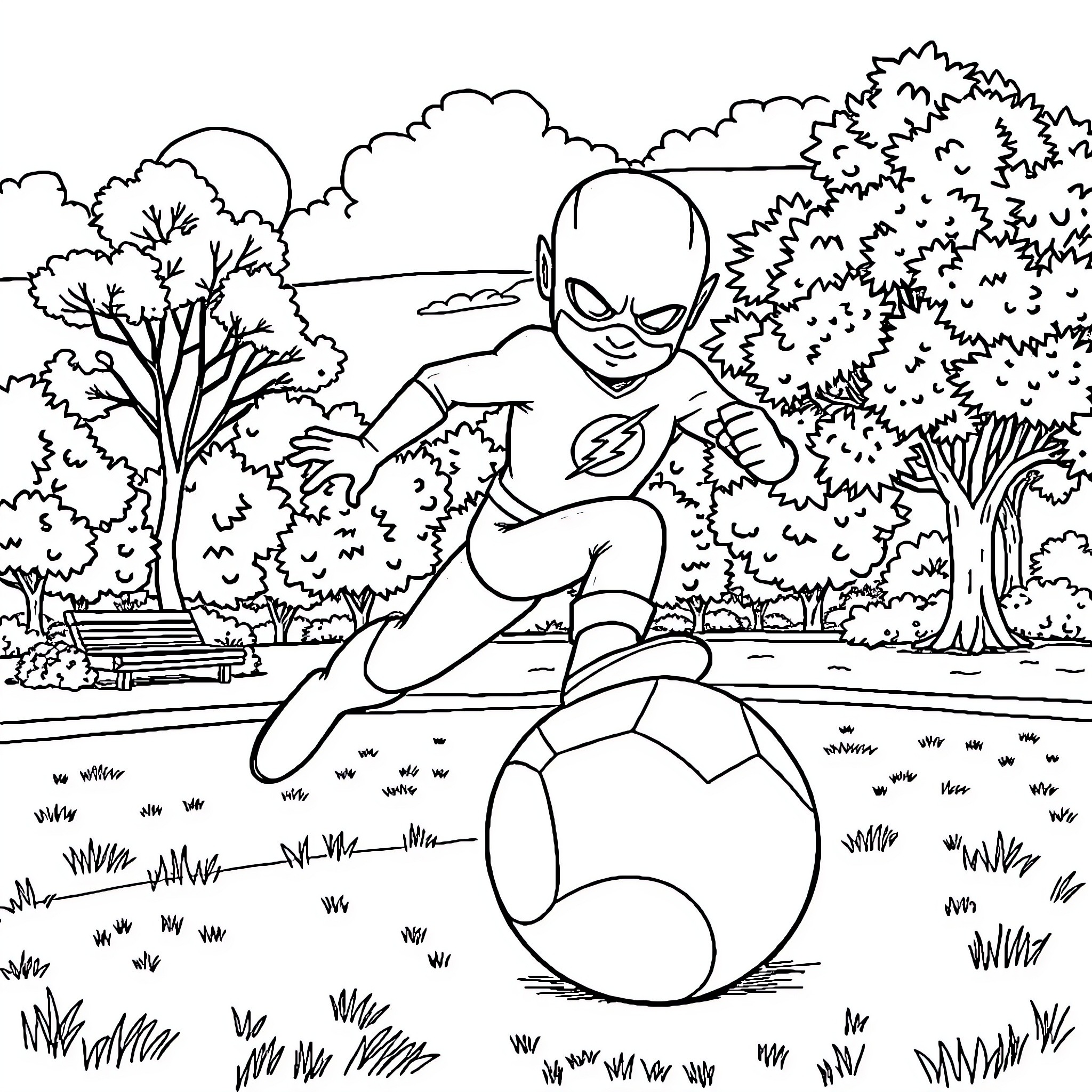 Flash's Playful Adventure in the Park Coloring Page (free black-and-white line drawing printable PDF for all, from beginners to advanced learners, including children, teens, adults, and seniors)