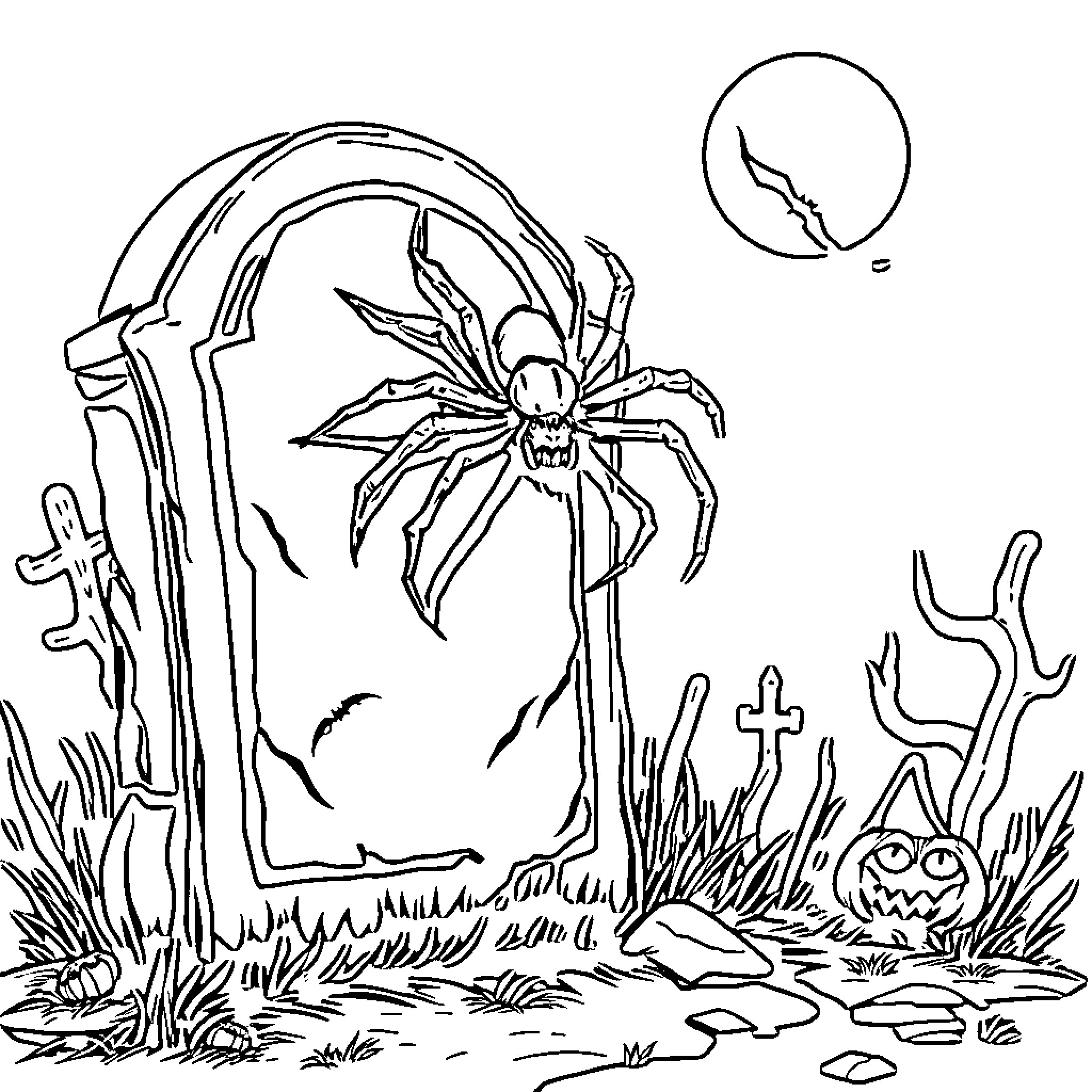 Tombstone of a giant spider in a spooky graveyard Coloring Page (free black-and-white line drawing printable PDF for all, from beginners to advanced learners, including children, teens, adults, and seniors)