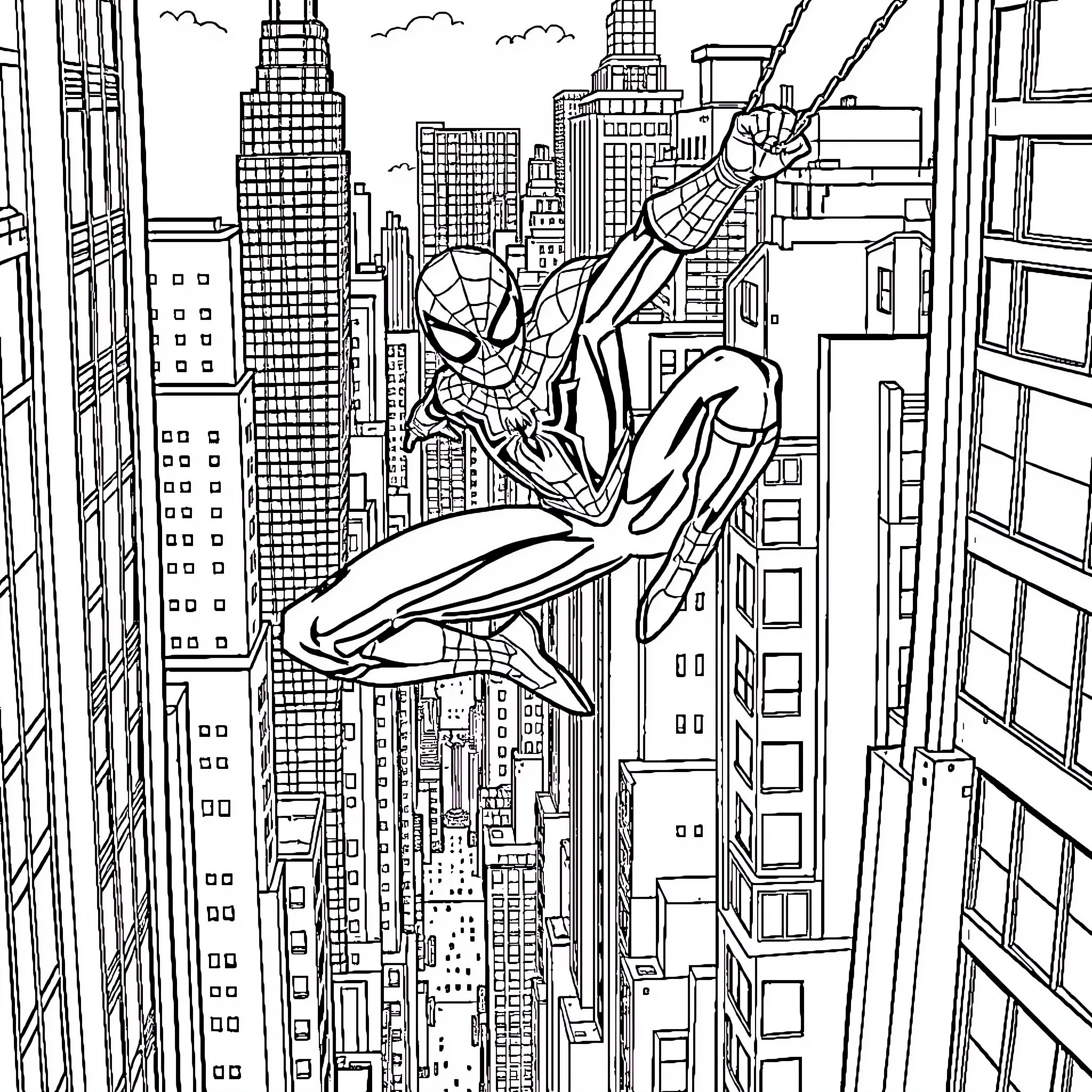 Spiderman swinging through the cityscape Coloring Page (free black-and-white line drawing printable PDF for all, from beginners to advanced learners, including children, teens, adults, and seniors)