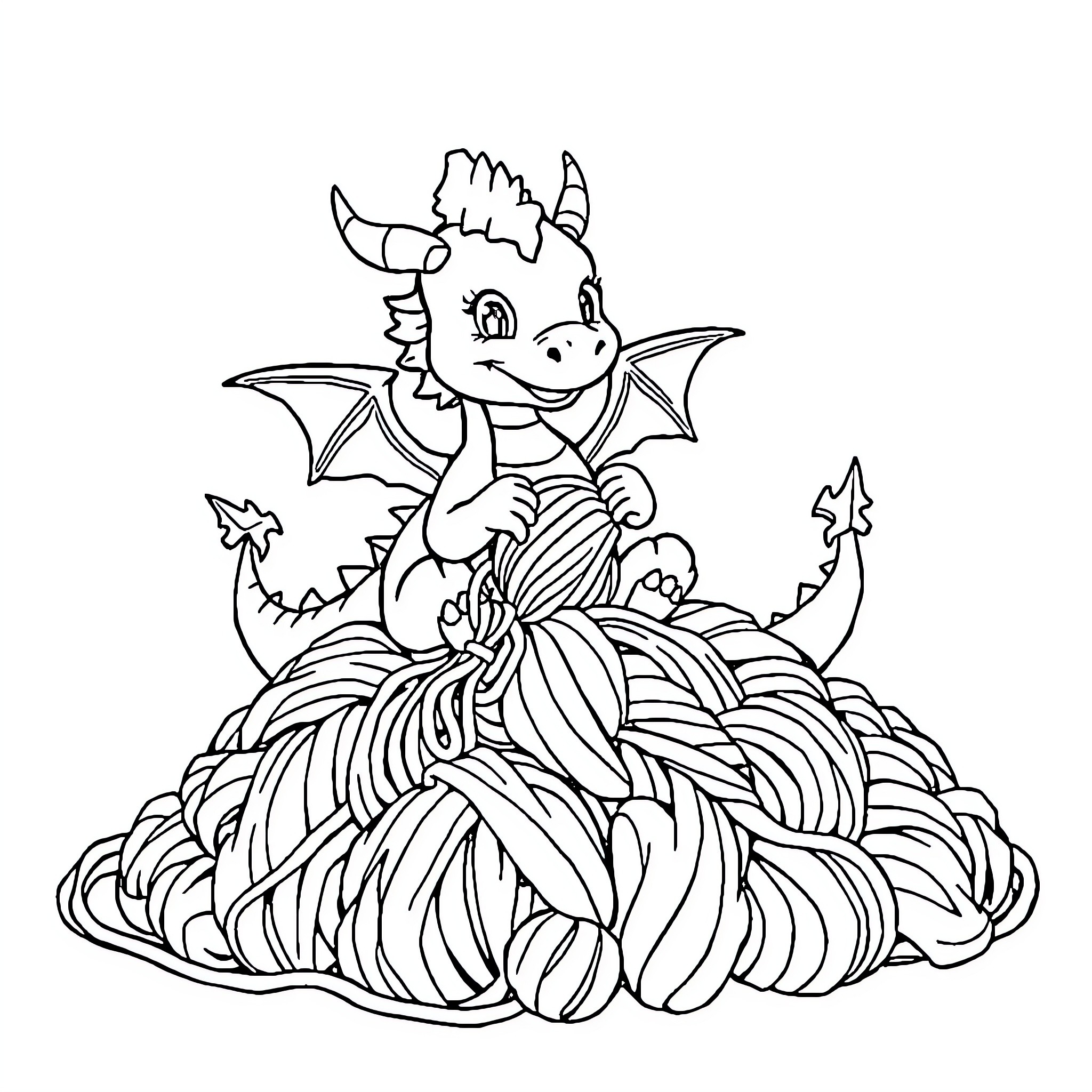 Dragon resting on a soft pile of feathers Coloring Page (free black-and-white line drawing printable PDF for all, from beginners to advanced learners, including children, teens, adults, and seniors)