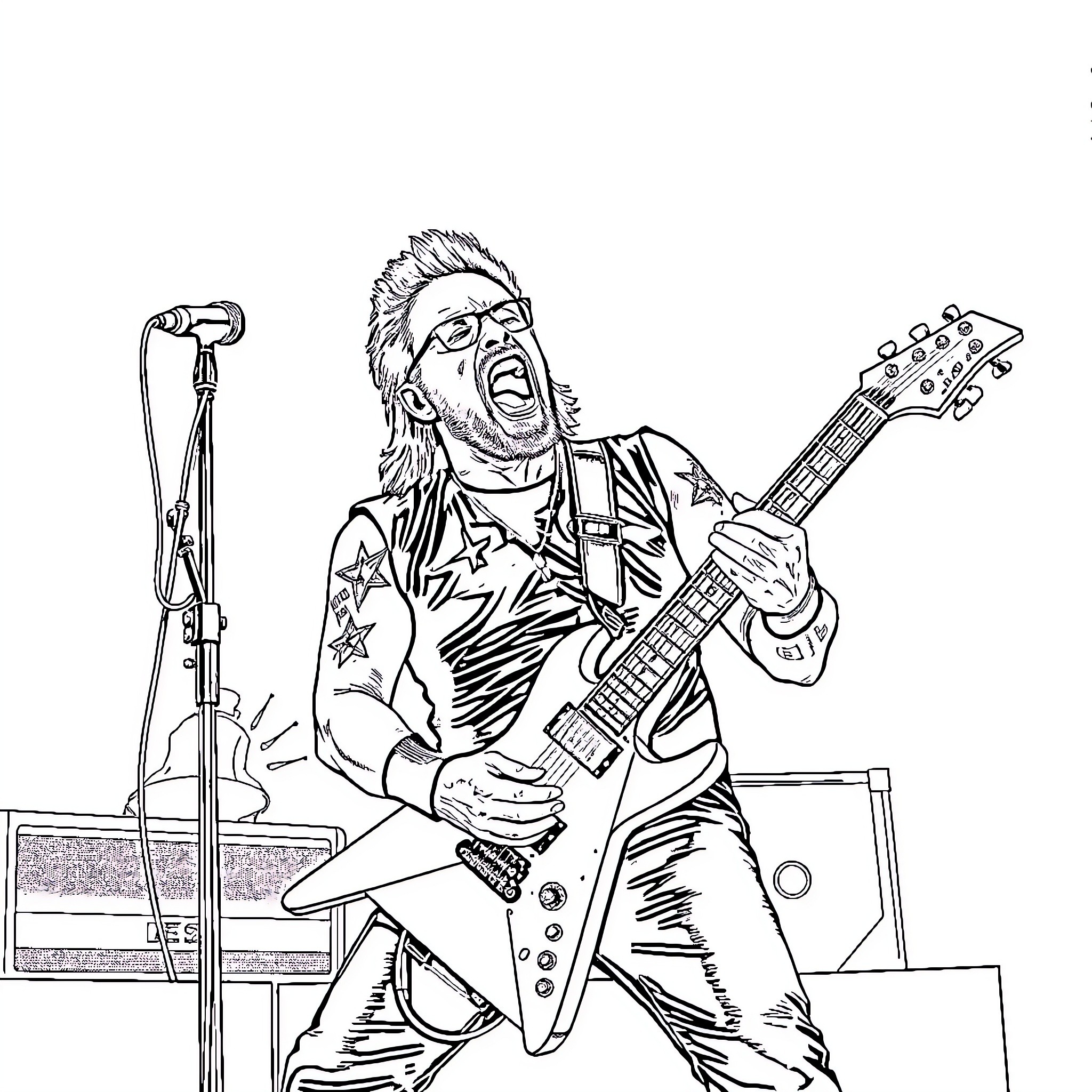 James Hetfield Performing Energetically on Stage Coloring Page (free black-and-white line drawing printable PDF for all, from beginners to advanced learners, including children, teens, adults, and seniors)