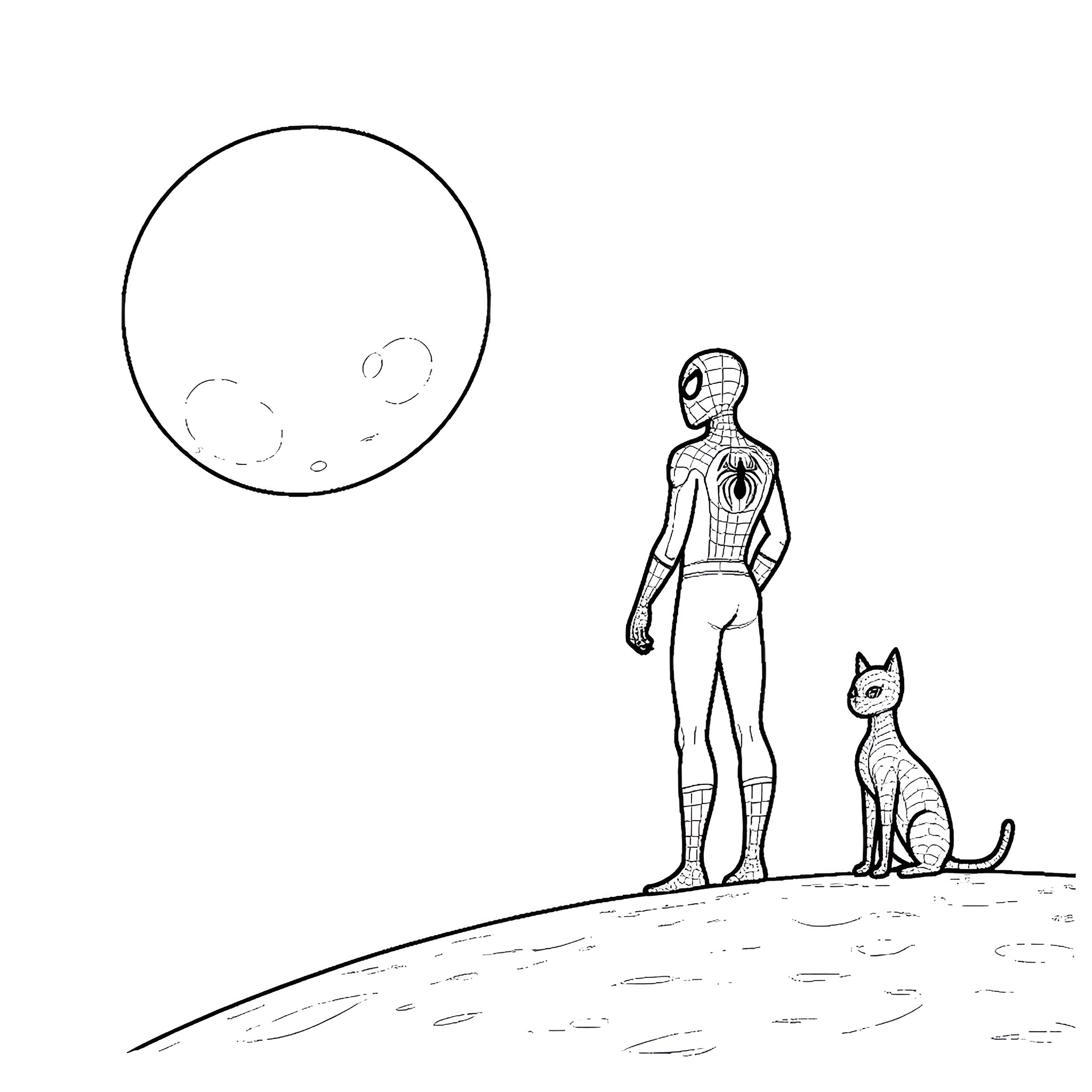 Spider-Man with a cat on a hilltop Coloring Page (free black-and-white line drawing printable PDF for all, from beginners to advanced learners, including children, teens, adults, and seniors)