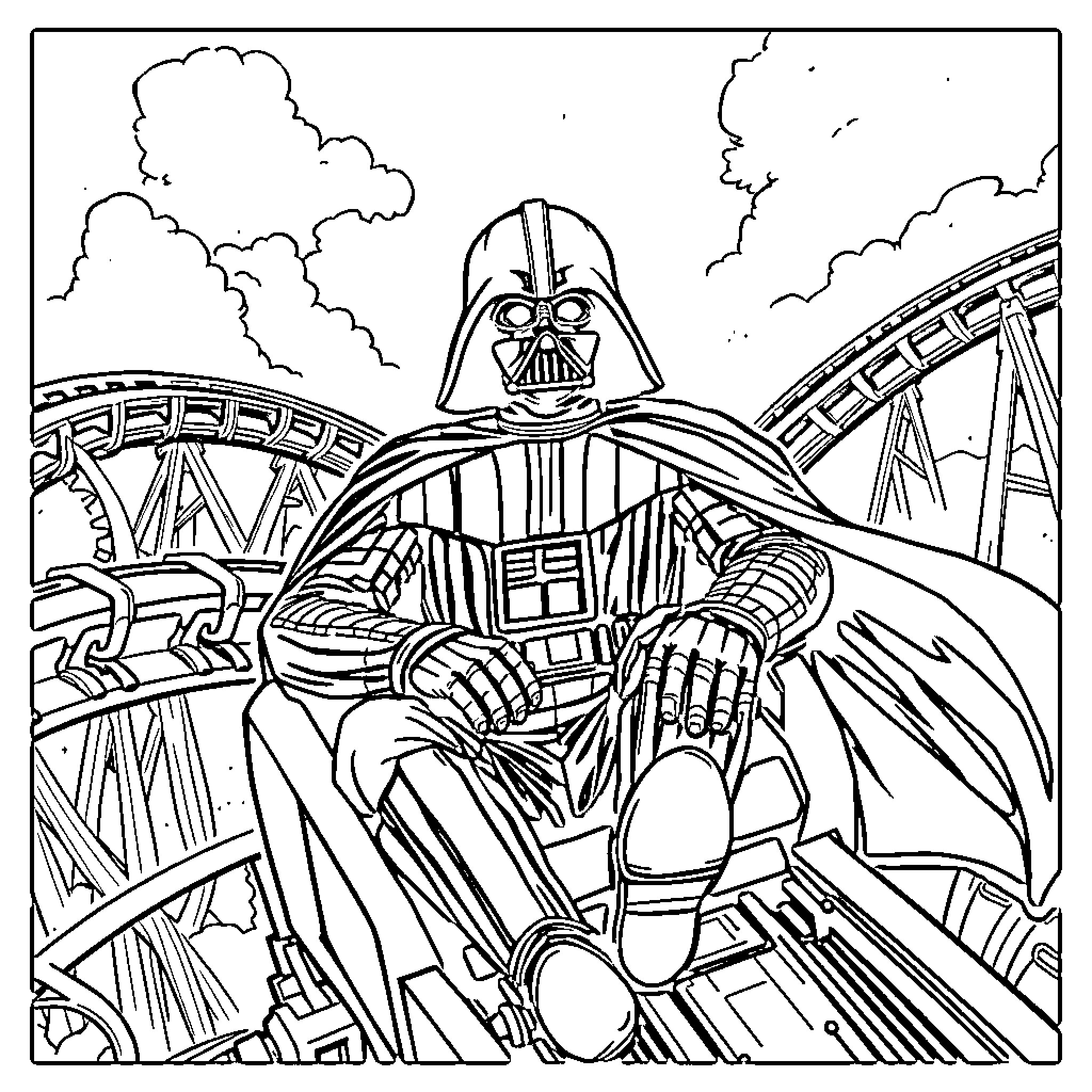 Darth Vader on a roller coaster ride Coloring Page (free black-and-white line drawing printable PDF for all, from beginners to advanced learners, including children, teens, adults, and seniors)