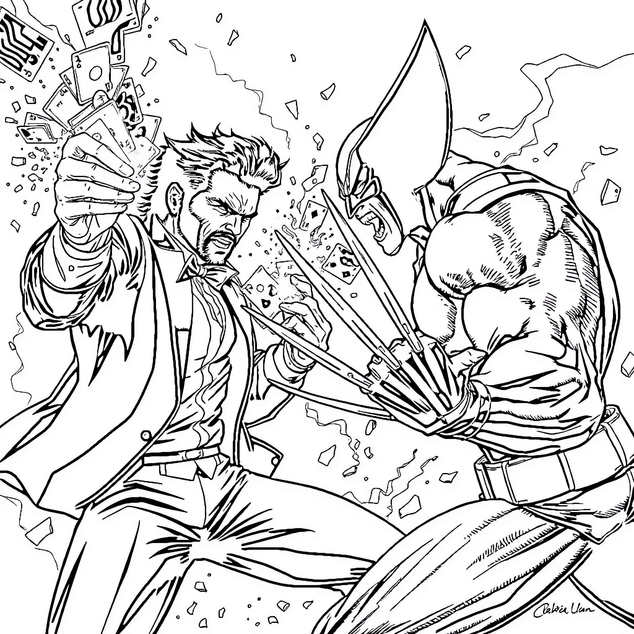 Gambit Battling Fierce Opponent with Intense Flair Coloring Page (free black-and-white line drawing printable PDF for all, from beginners to advanced learners, including children, teens, adults, and seniors)