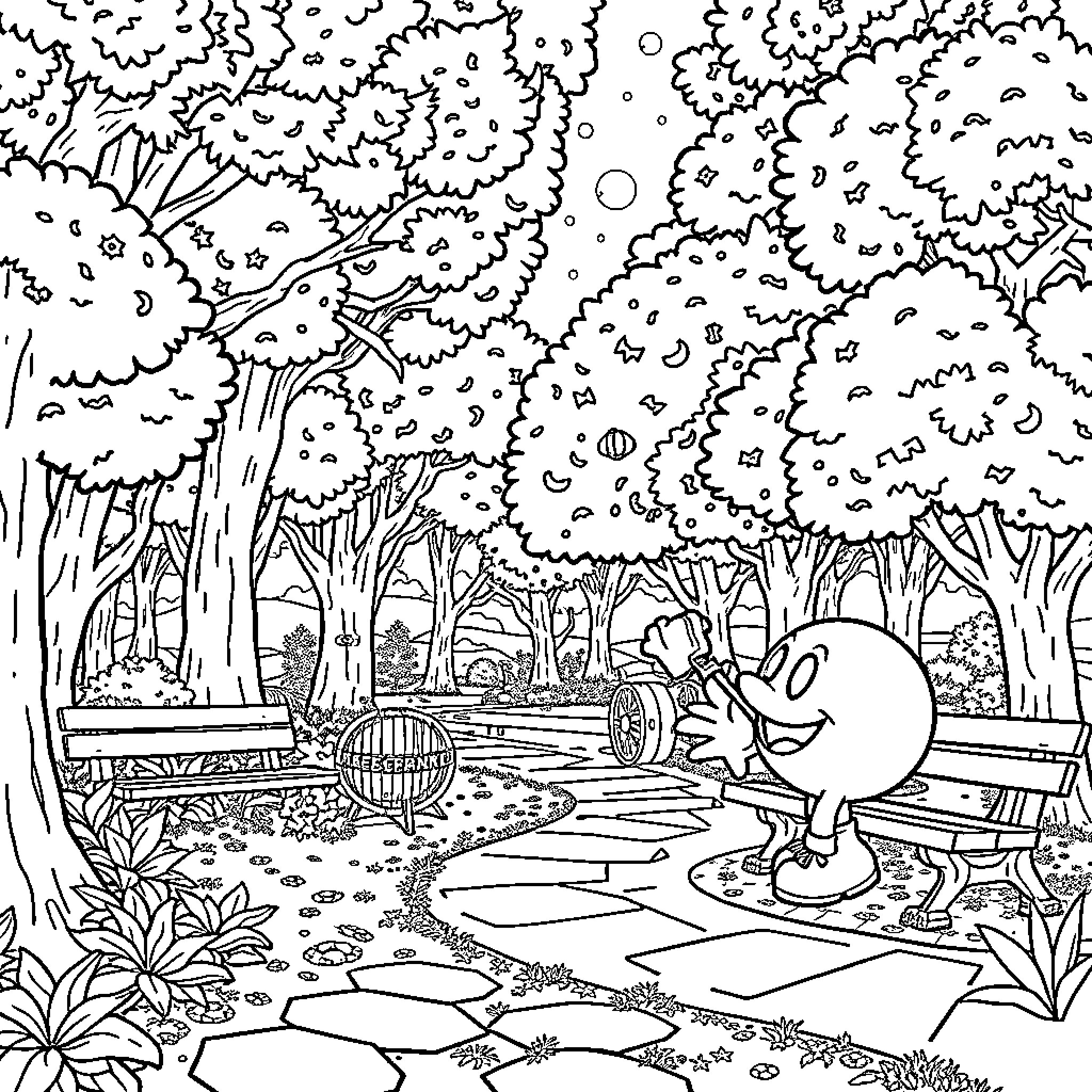 Pacman exploring the enchanted forest Coloring Page (free black-and-white line drawing printable PDF for all, from beginners to advanced learners, including children, teens, adults, and seniors)
