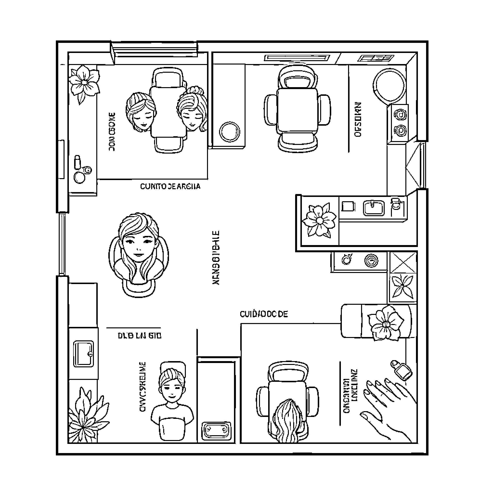 Beauty Salon Services and Customers Coloring Page (free black-and-white line drawing printable PDF for all, from beginners to advanced learners, including children, teens, adults, and seniors)