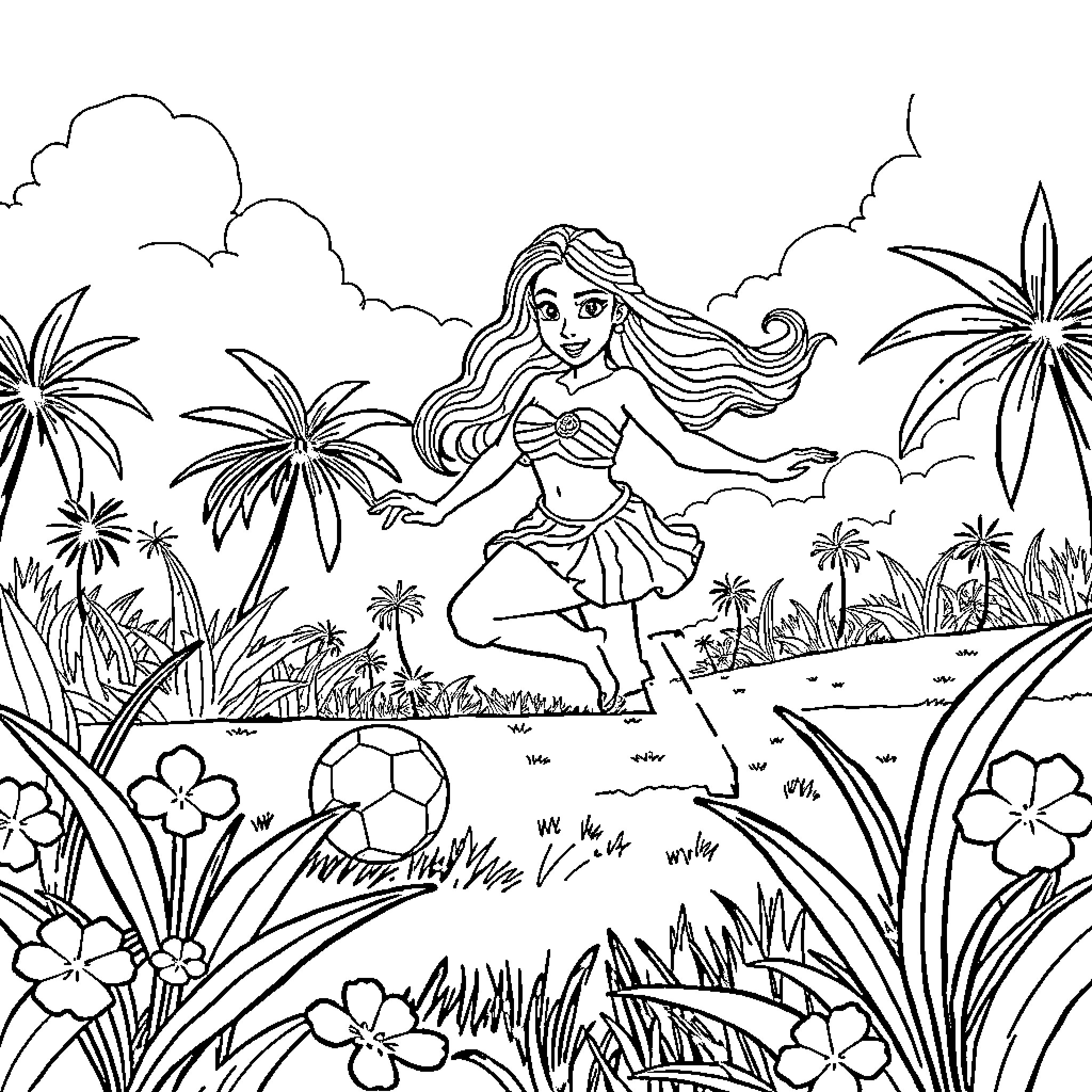 Vaiana playing with a soccer ball on a beach Coloring Page (free black-and-white line drawing printable PDF for all, from beginners to advanced learners, including children, teens, adults, and seniors)