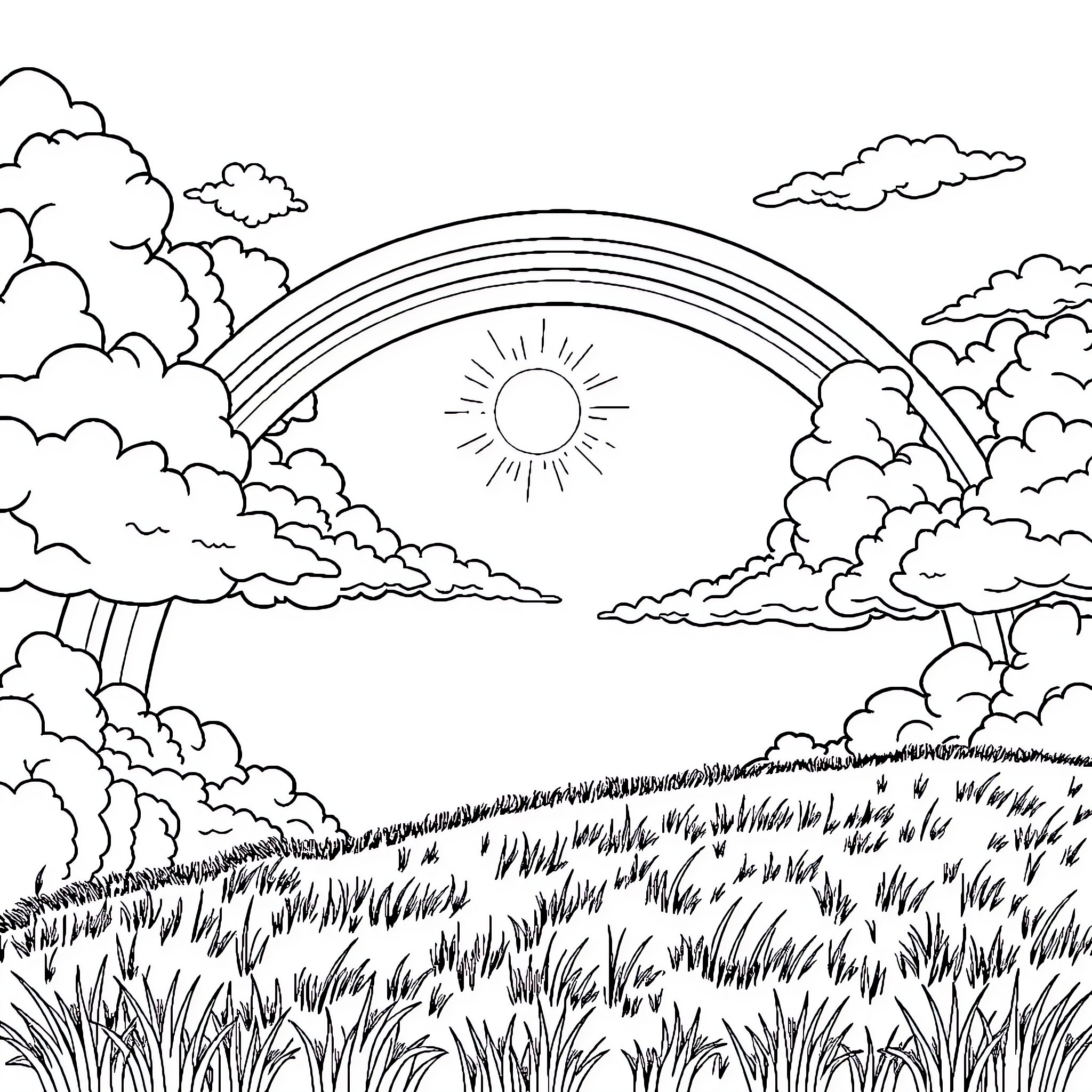 Rainbow Panoramic Landscape with Clouds and Sunshine Coloring Page (free black-and-white line drawing printable PDF for all, from beginners to advanced learners, including children, teens, adults, and seniors)