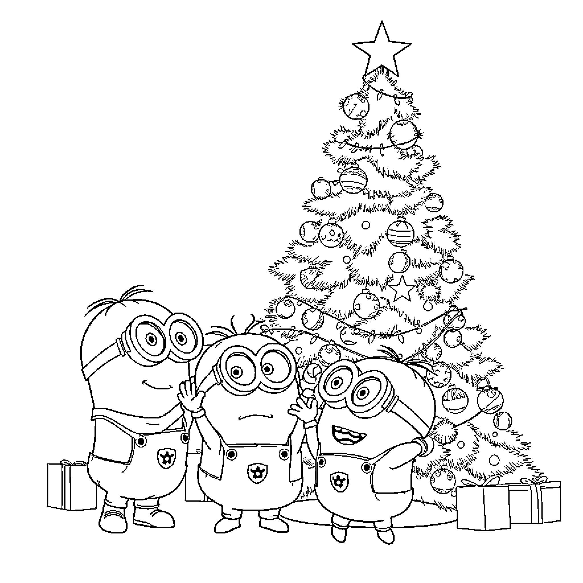 Minions celebrating Christmas with a decorated tree Coloring Page (free black-and-white line drawing printable PDF for all, from beginners to advanced learners, including children, teens, adults, and seniors)