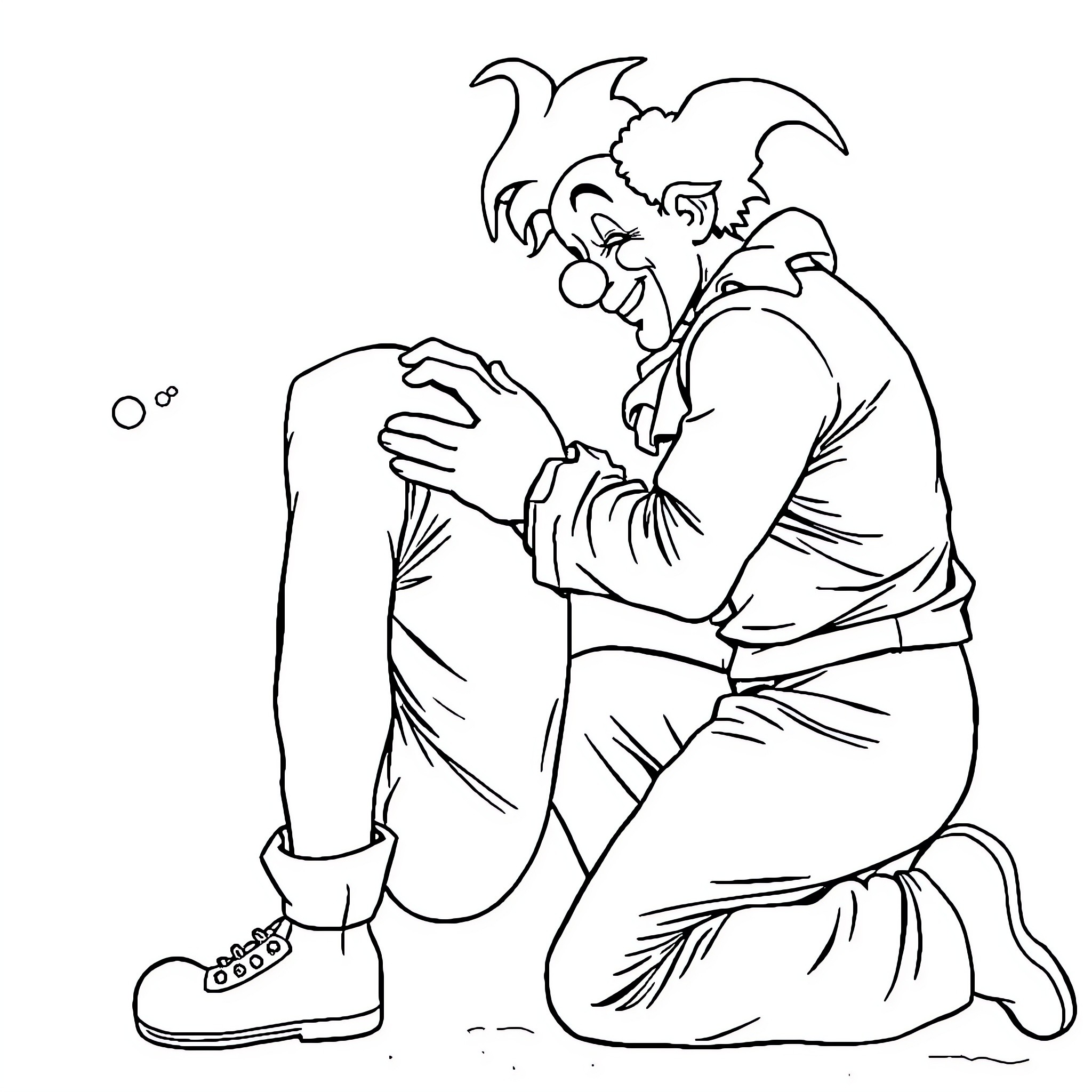 Clown performing silly antics on stage Coloring Page (free black-and-white line drawing printable PDF for all, from beginners to advanced learners, including children, teens, adults, and seniors)