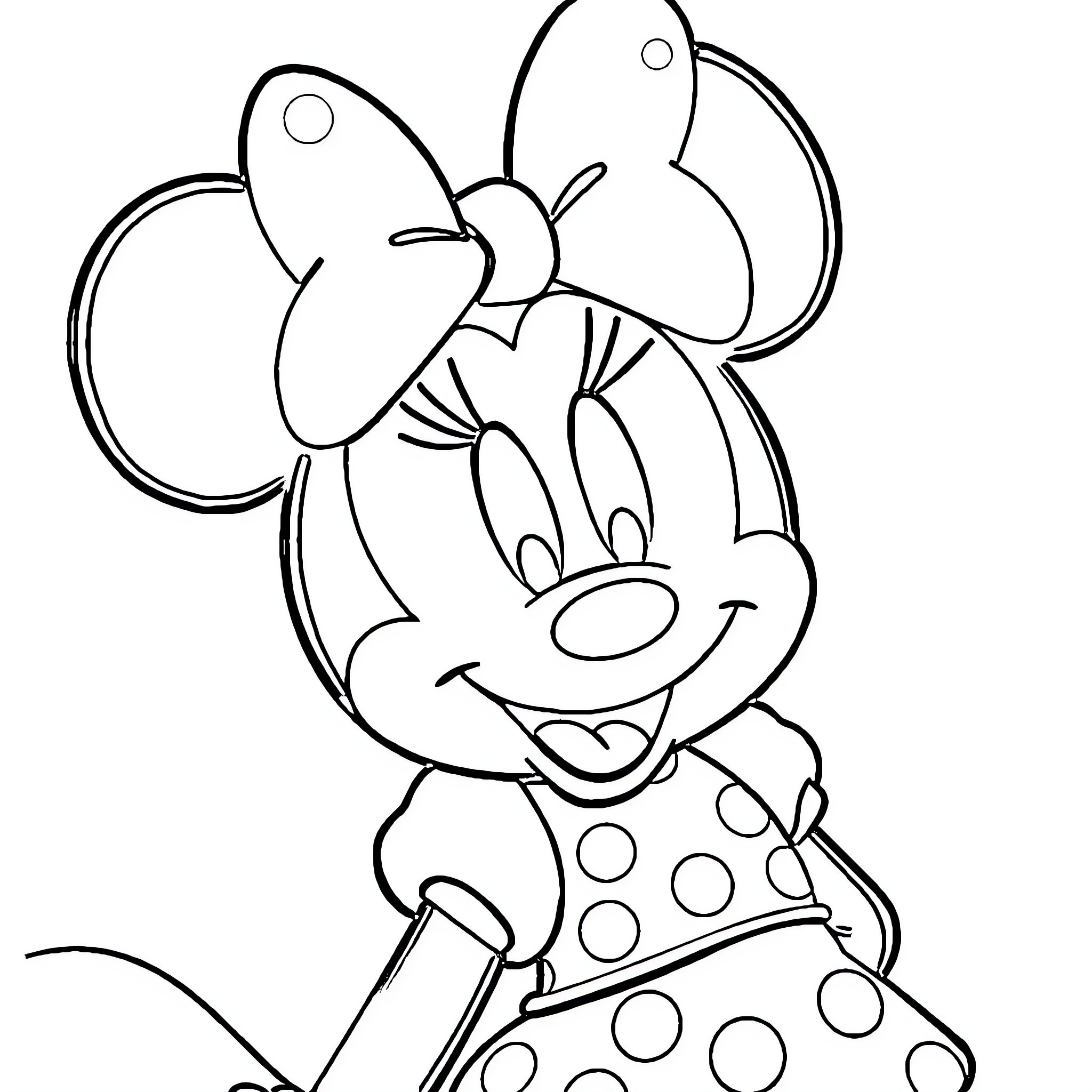 Minnie Mouse in a polka dot dress and bow Coloring Page (free black-and-white line drawing printable PDF for all, from beginners to advanced learners, including children, teens, adults, and seniors)