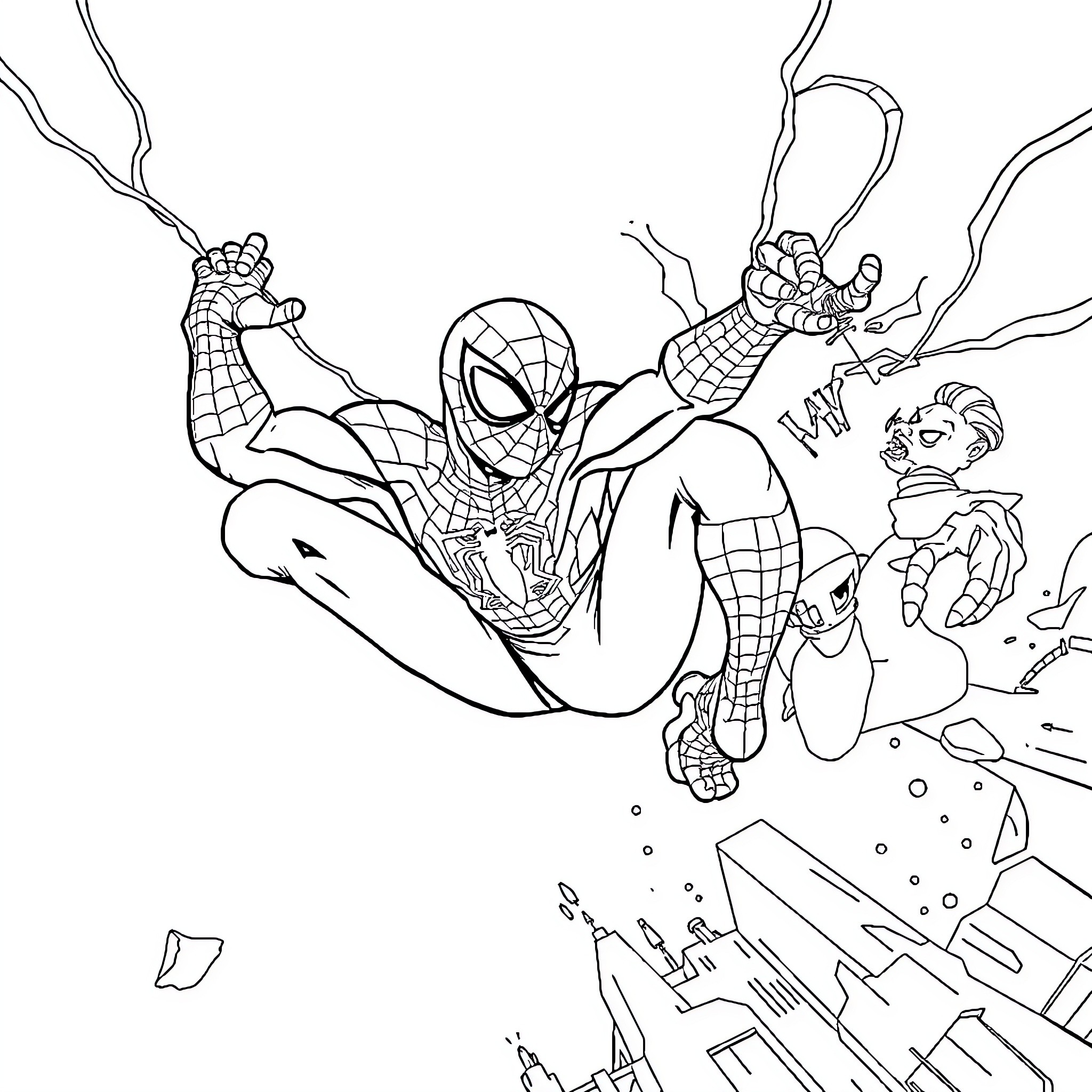 Spiderman swinging through the city in action Coloring Page (free black-and-white line drawing printable PDF for all, from beginners to advanced learners, including children, teens, adults, and seniors)