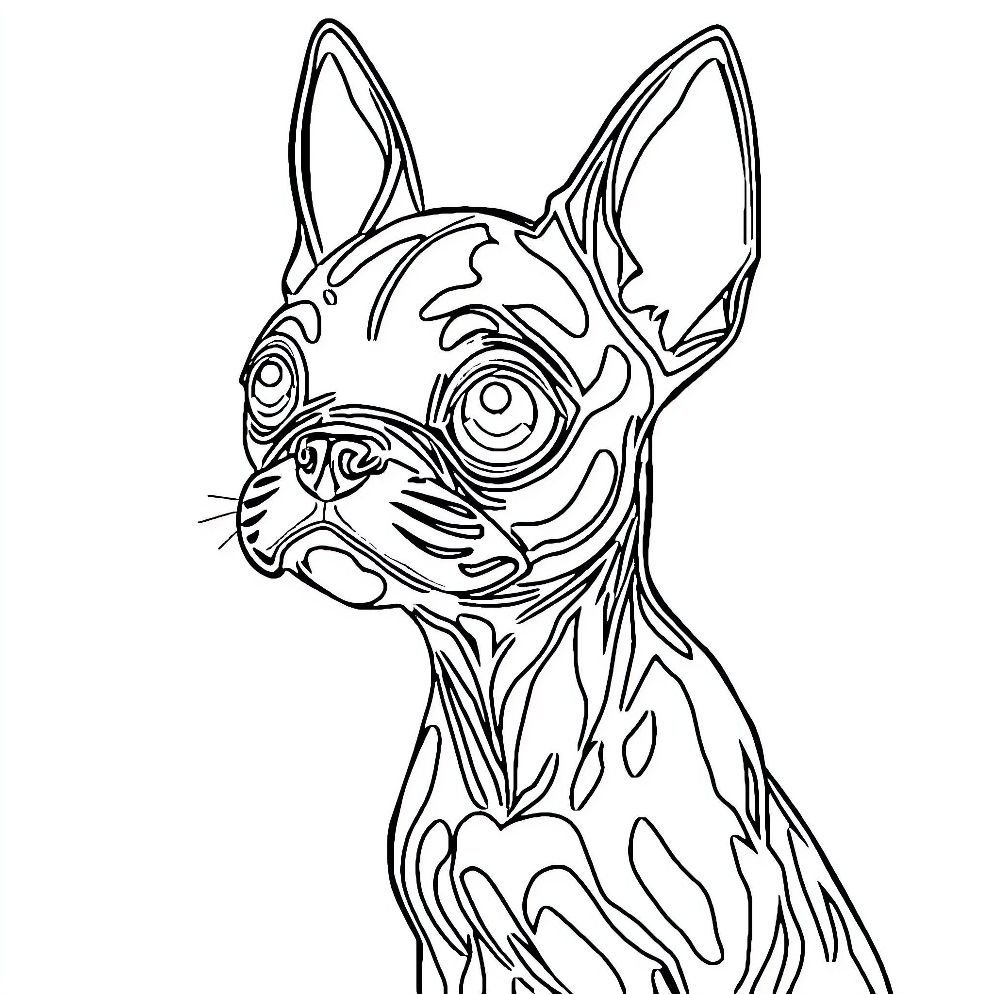 Xenomorph Boston Terrier enjoying mischievous antics Coloring Page (free black-and-white line drawing printable PDF for all, from beginners to advanced learners, including children, teens, adults, and seniors)