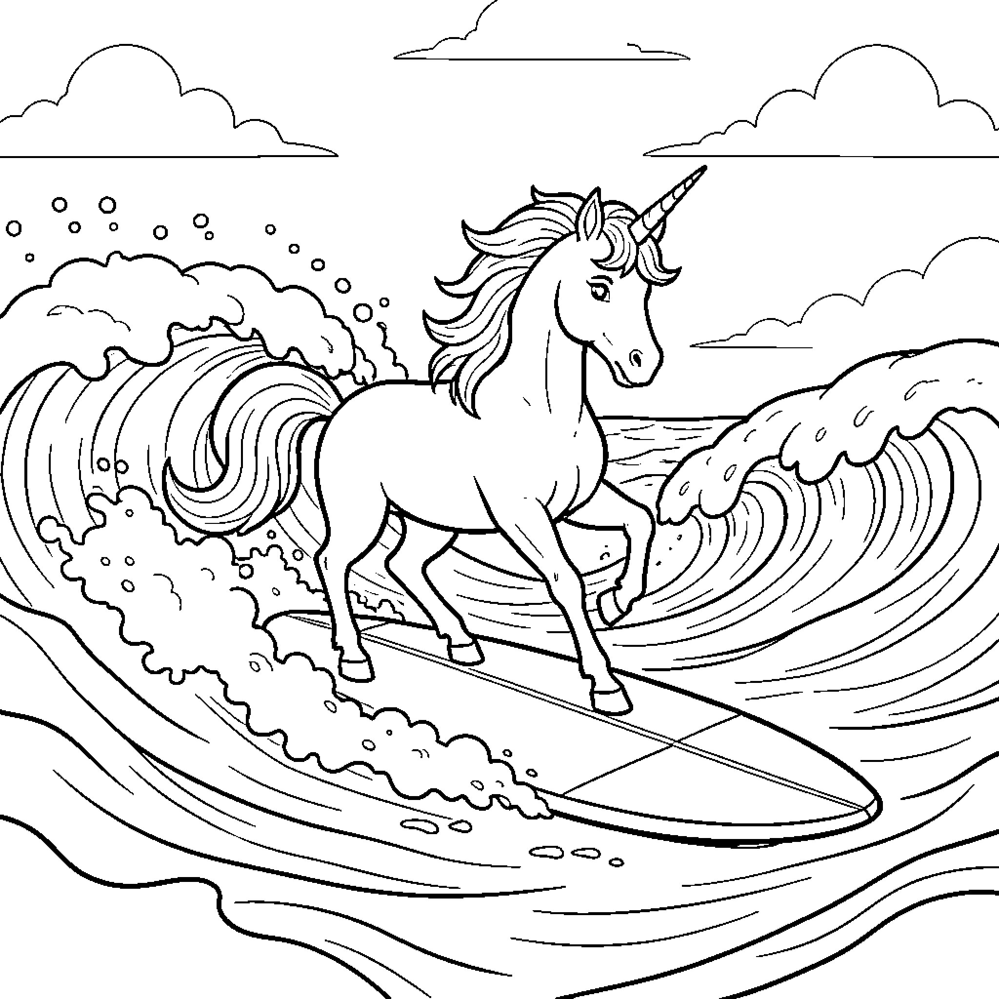 Unicorn surfing on a large ocean wave Coloring Page (free black-and-white line drawing printable PDF for all, from beginners to advanced learners, including children, teens, adults, and seniors)