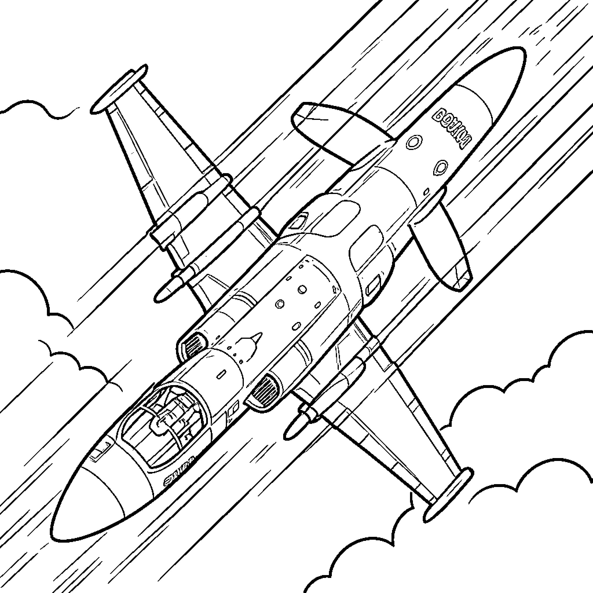 Jet flying swiftly through the clouds Coloring Page (free black-and-white line drawing printable PDF for all, from beginners to advanced learners, including children, teens, adults, and seniors)