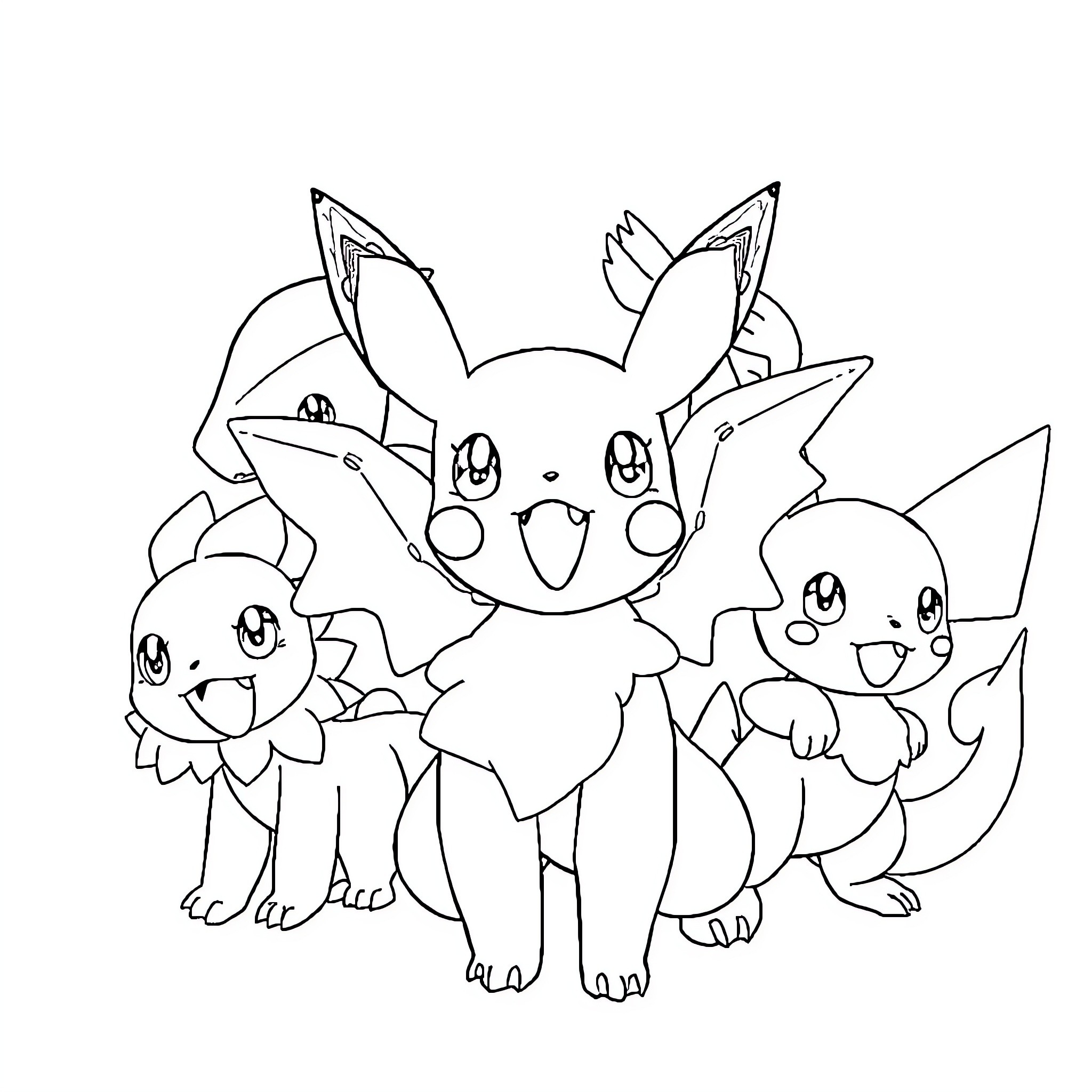 Pokémon characters playfully gathered together Coloring Page (free black-and-white line drawing printable PDF for all, from beginners to advanced learners, including children, teens, adults, and seniors)