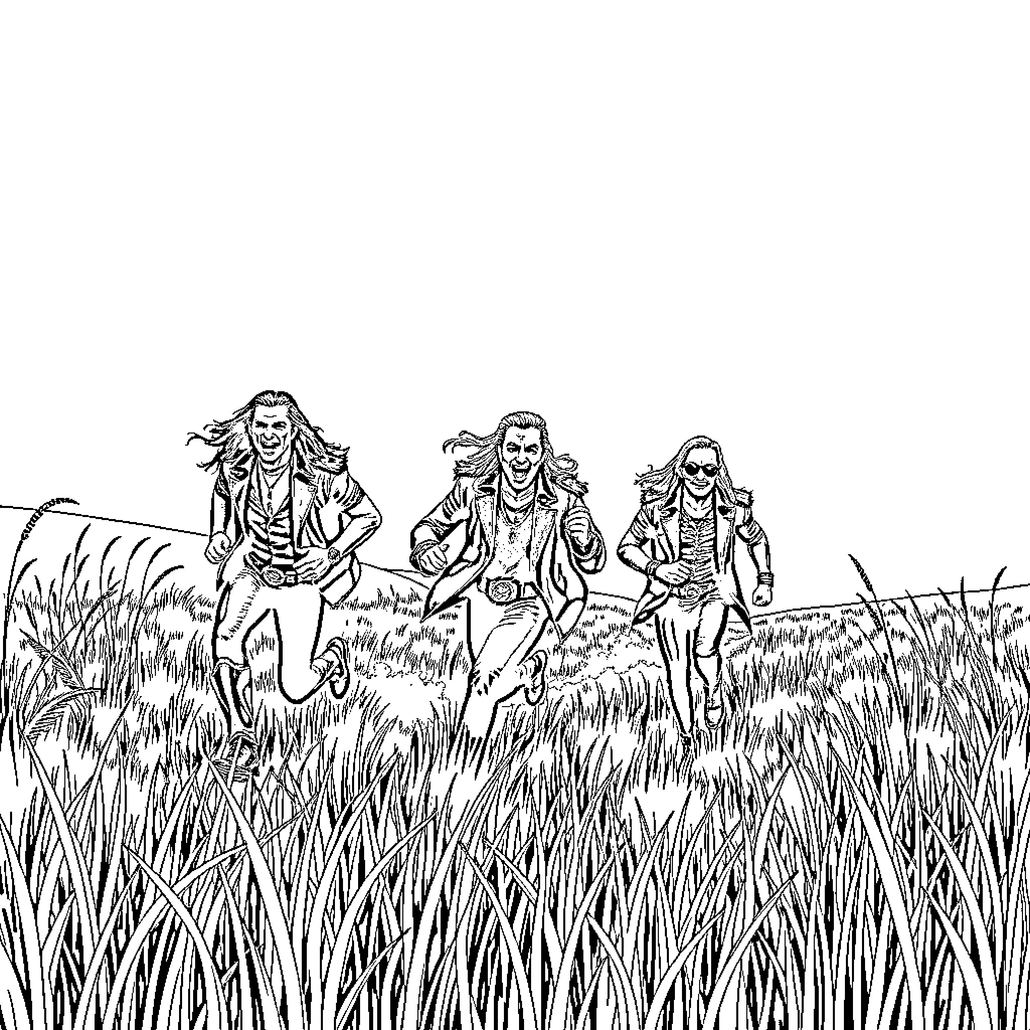 Judas Priest Triumphant Rock Band in the Wilderness Coloring Page (free black-and-white line drawing printable PDF for all, from beginners to advanced learners, including children, teens, adults, and seniors)