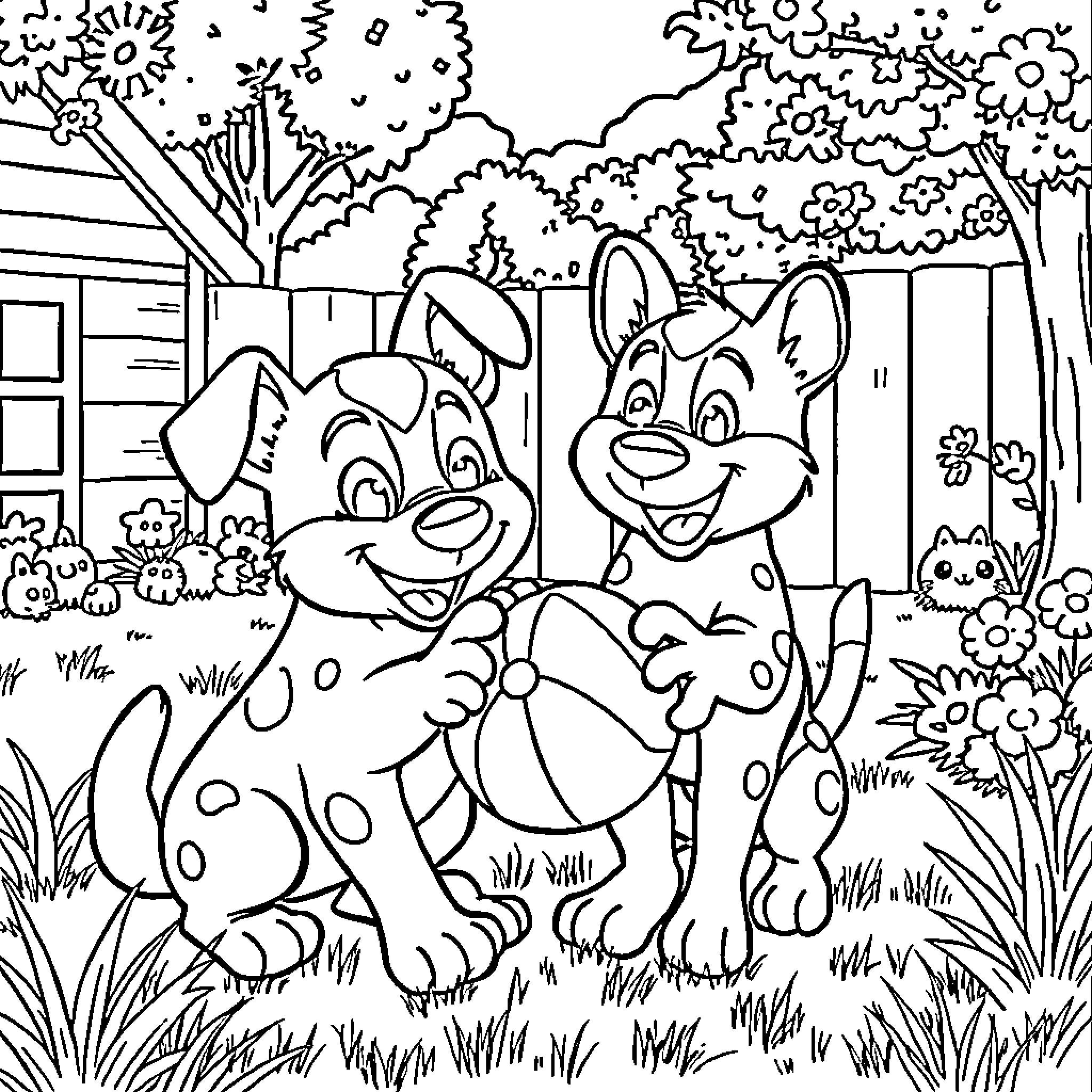 Bluey and friends explore the outdoors Coloring Page (free black-and-white line drawing printable PDF for all, from beginners to advanced learners, including children, teens, adults, and seniors)