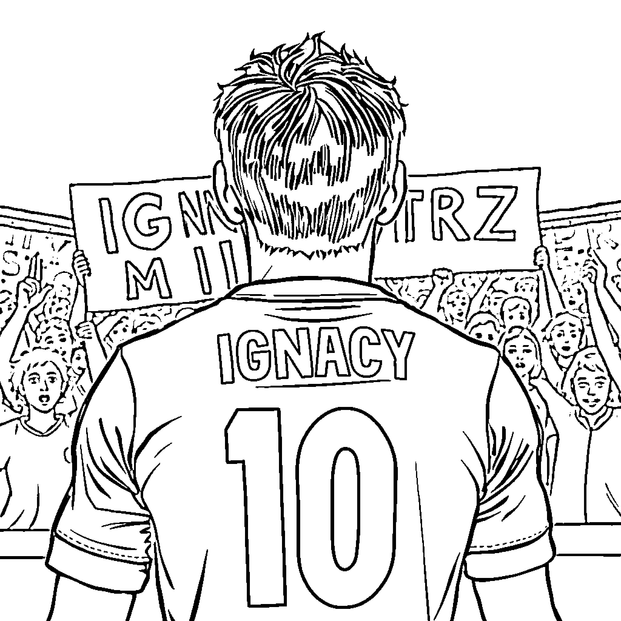 Soccer Player celebrating with fans on the field Coloring Page (free black-and-white line drawing printable PDF for all, from beginners to advanced learners, including children, teens, adults, and seniors)
