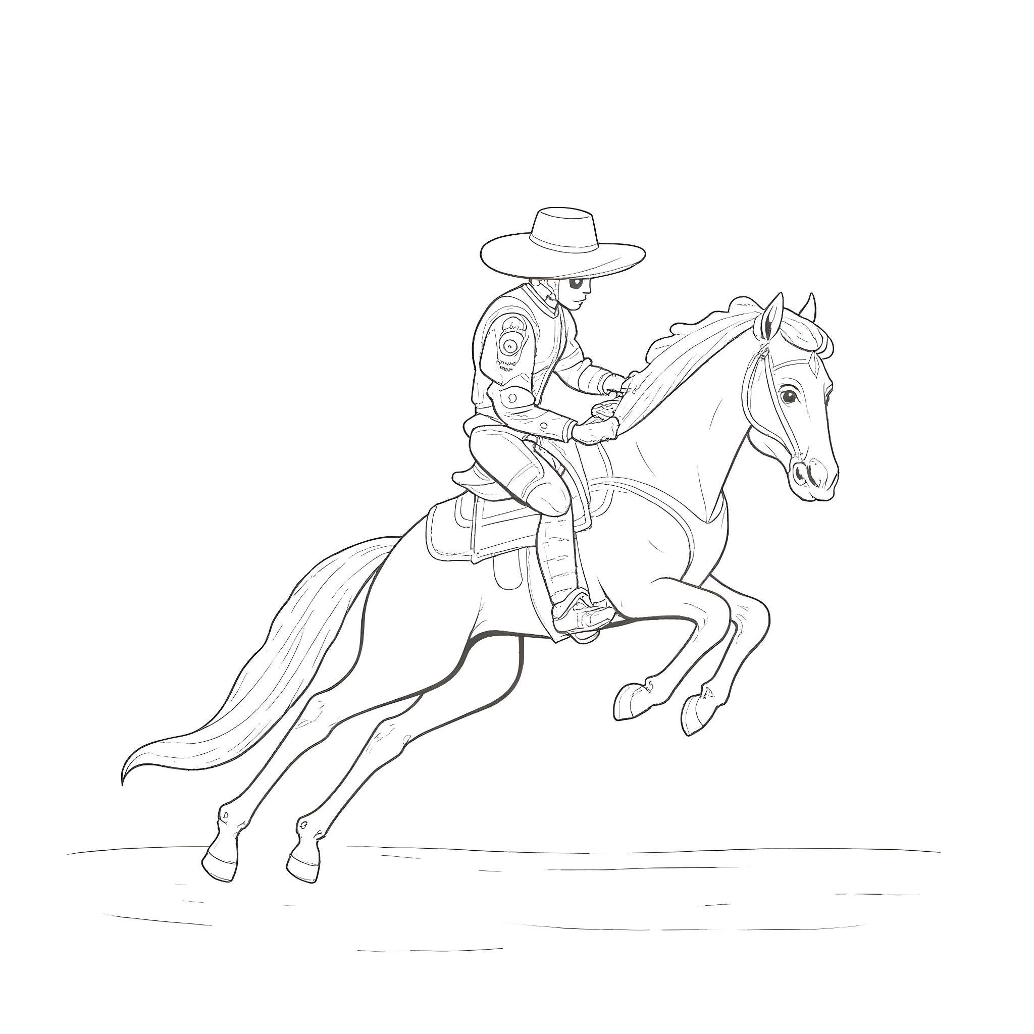 Robot Cowboy Riding a Galloping Horse Coloring Page (free black-and-white line drawing printable PDF for all, from beginners to advanced learners, including children, teens, adults, and seniors)