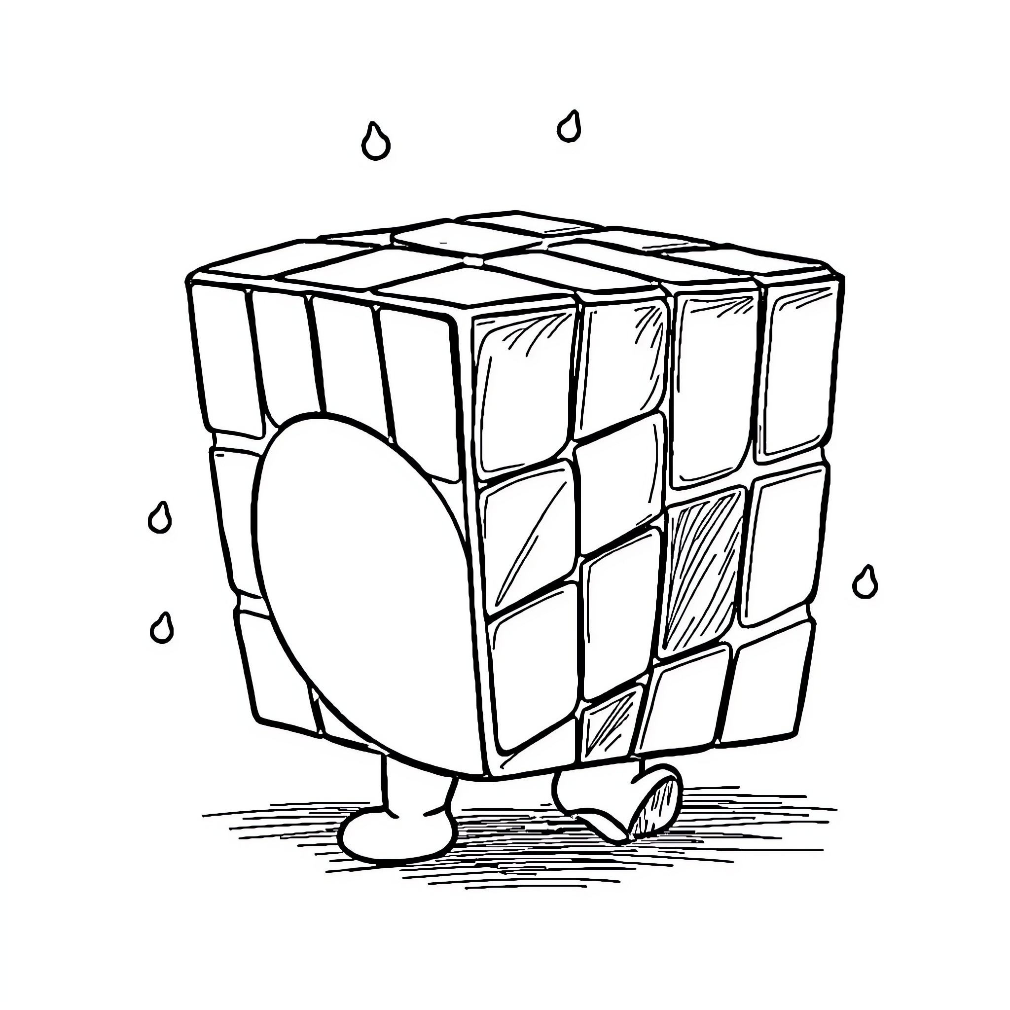 Rubik's Cube with whimsical features Coloring Page (free black-and-white line drawing printable PDF for all, from beginners to advanced learners, including children, teens, adults, and seniors)